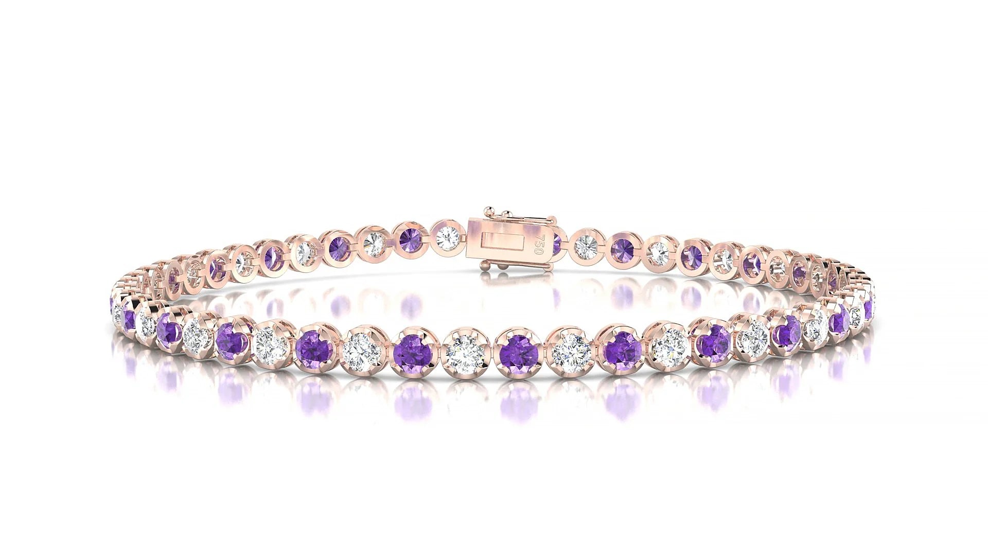 Bengal 1-1 | 18k Rose Gold 2.5 mm Round Natural Amethyst & Diamond Tennis Bracelet