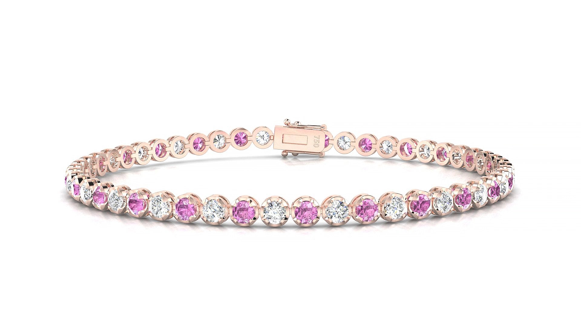 Bengal 1-1 | 18k Rose Gold 2.5 mm Round Natural Pink Sapphire & Diamond 15 cm Tennis Bracelet