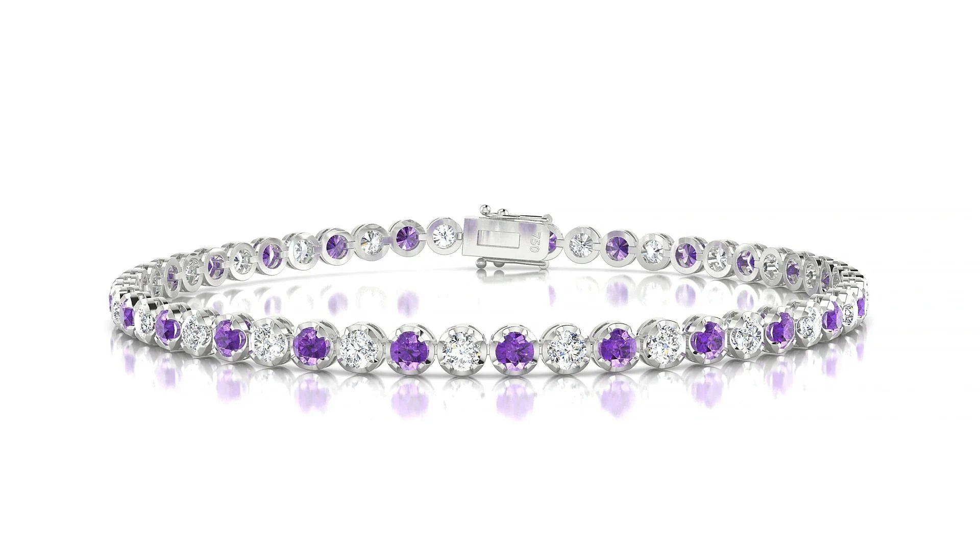 Bengal 1-1 | 18k White Gold 2.5 mm Round Natural Amethyst & Diamond Tennis Bracelet