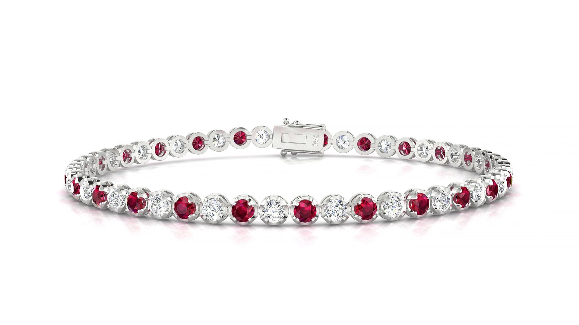 Bengal 1-1 | 18k White Gold 2.5 mm Round Natural Ruby & Diamond 15 cm Tennis Bracelet