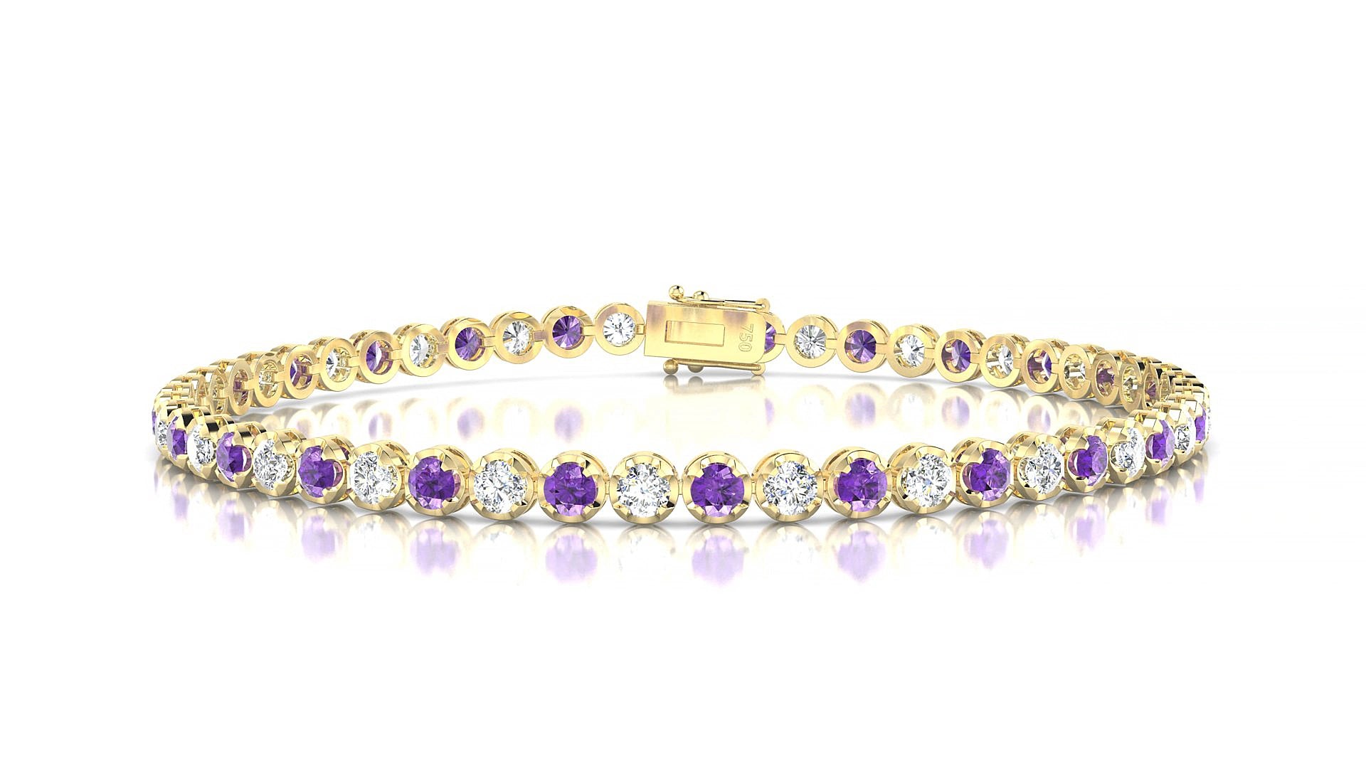 Bengal 1-1 | 18k Yellow Gold 2.5 mm Round Natural Amethyst & Diamond 15 cm Tennis Bracelet