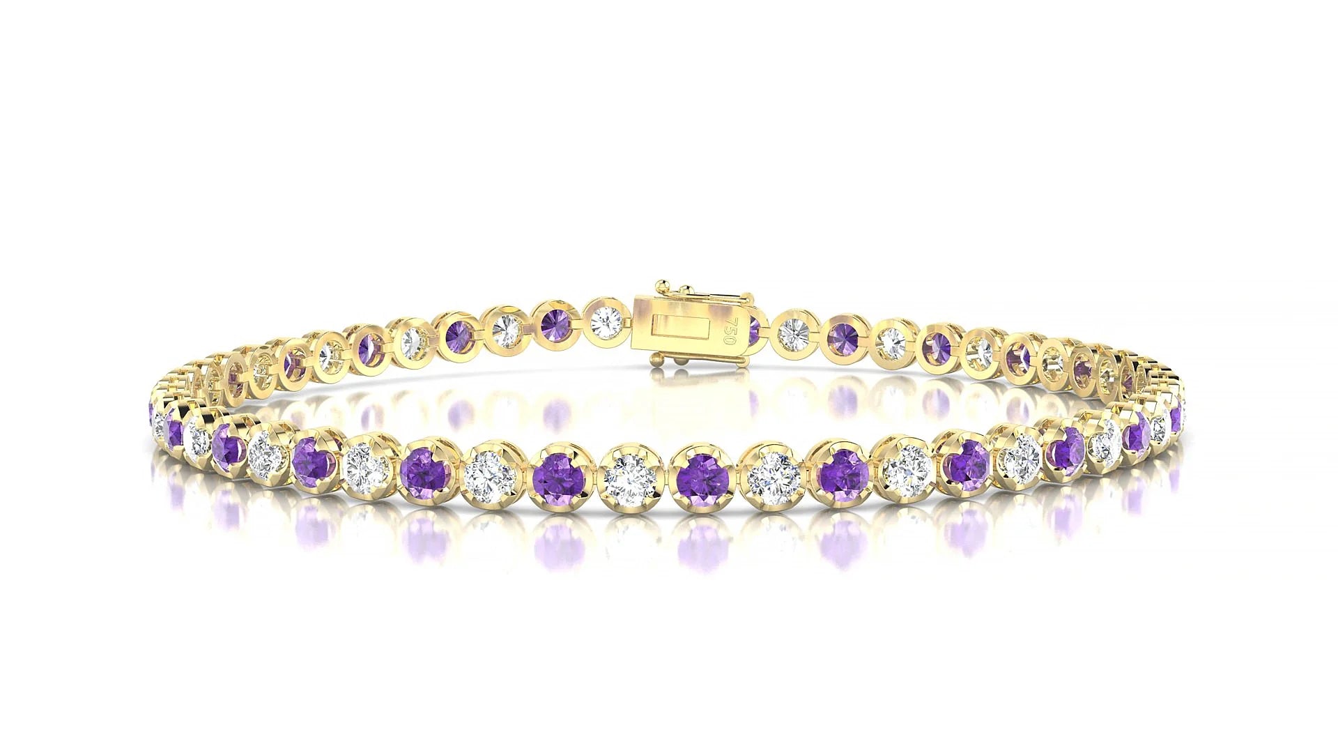 Bengal 1-1 | 18k Yellow Gold 2.5 mm Round Natural Amethyst & Diamond Tennis Bracelet