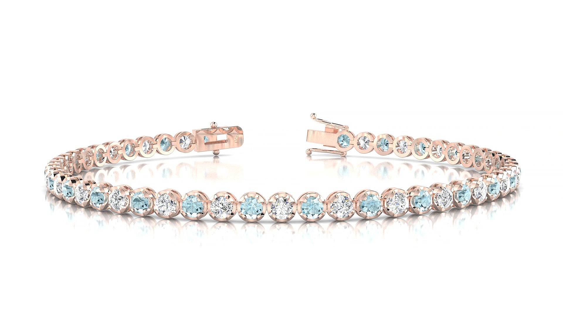 Bengal 1-1 | 18k Rose Gold 2.5 mm Round Natural Aquamarine & Diamond 15 cm Tennis Bracelet