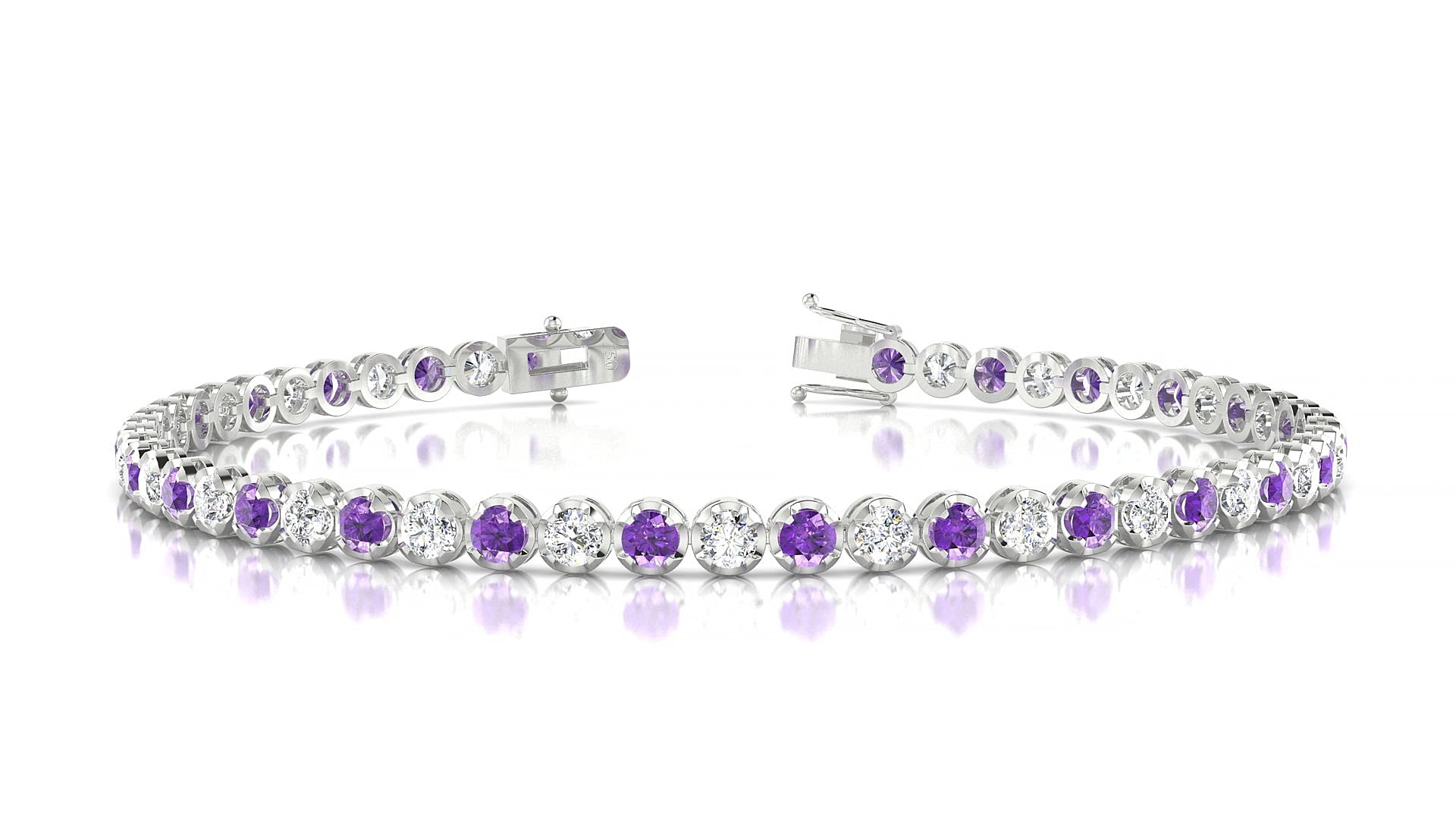 Bengal 1-1 | 18k White Gold 2.5 mm Round Natural Amethyst & Diamond 15 cm Tennis Bracelet