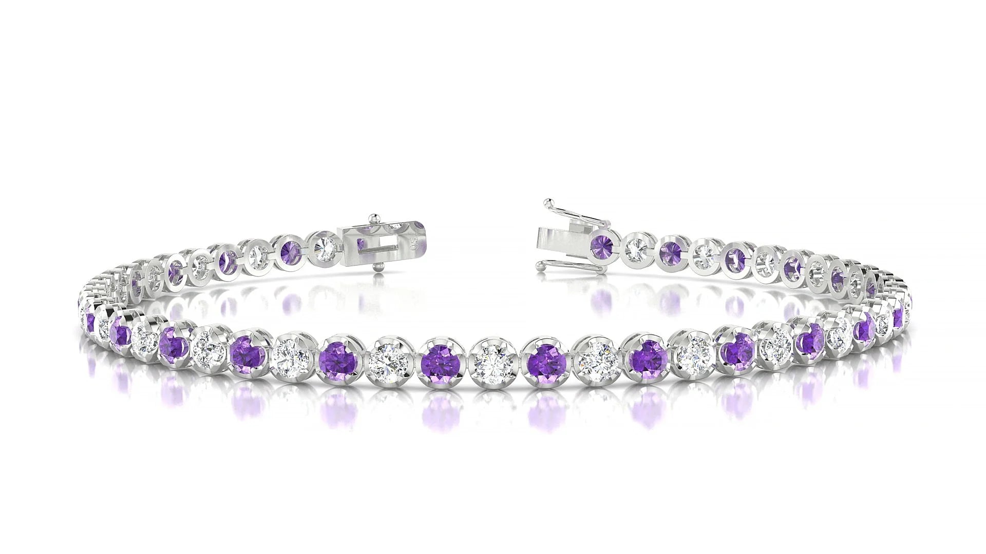 Bengal 1-1 | 18k White Gold 2.5 mm Round Natural Amethyst & Diamond Tennis Bracelet