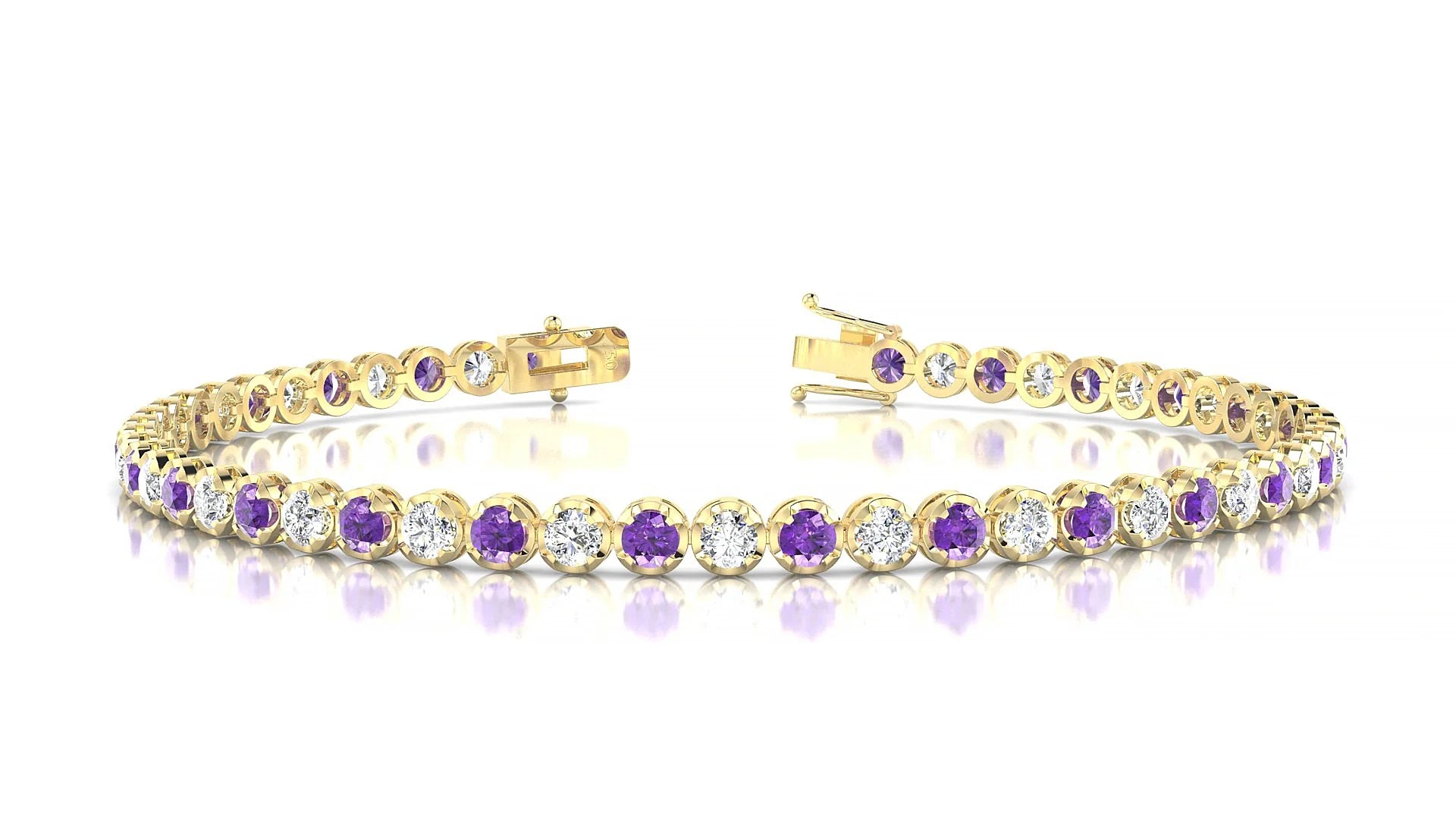 Bengal 1-1 | 18k Yellow Gold 2.5 mm Round Natural Amethyst & Diamond Tennis Bracelet