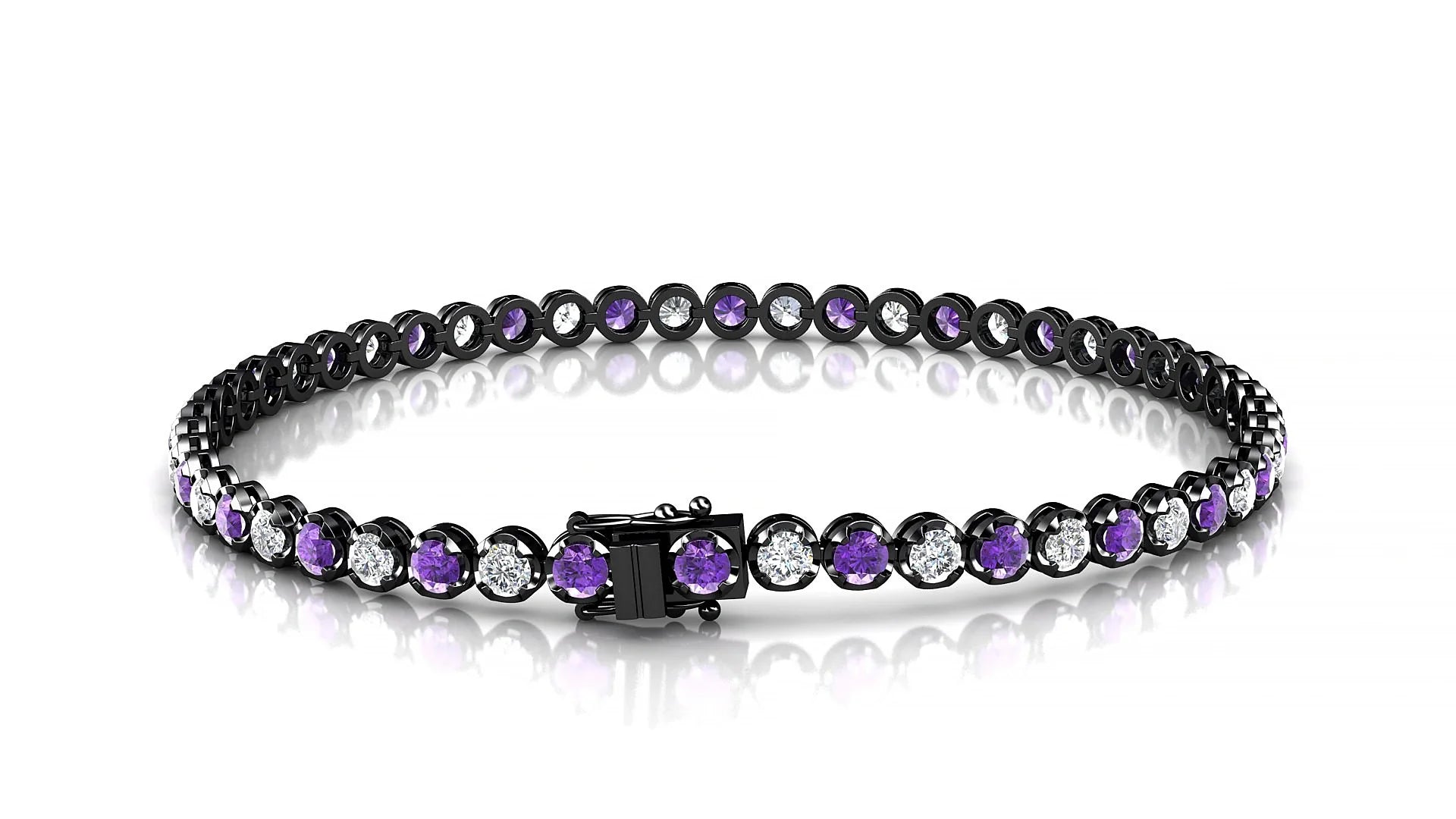 Bengal 1-1 | 18k Black Gold 2.5 mm Round Natural Amethyst & Diamond Tennis Bracelet