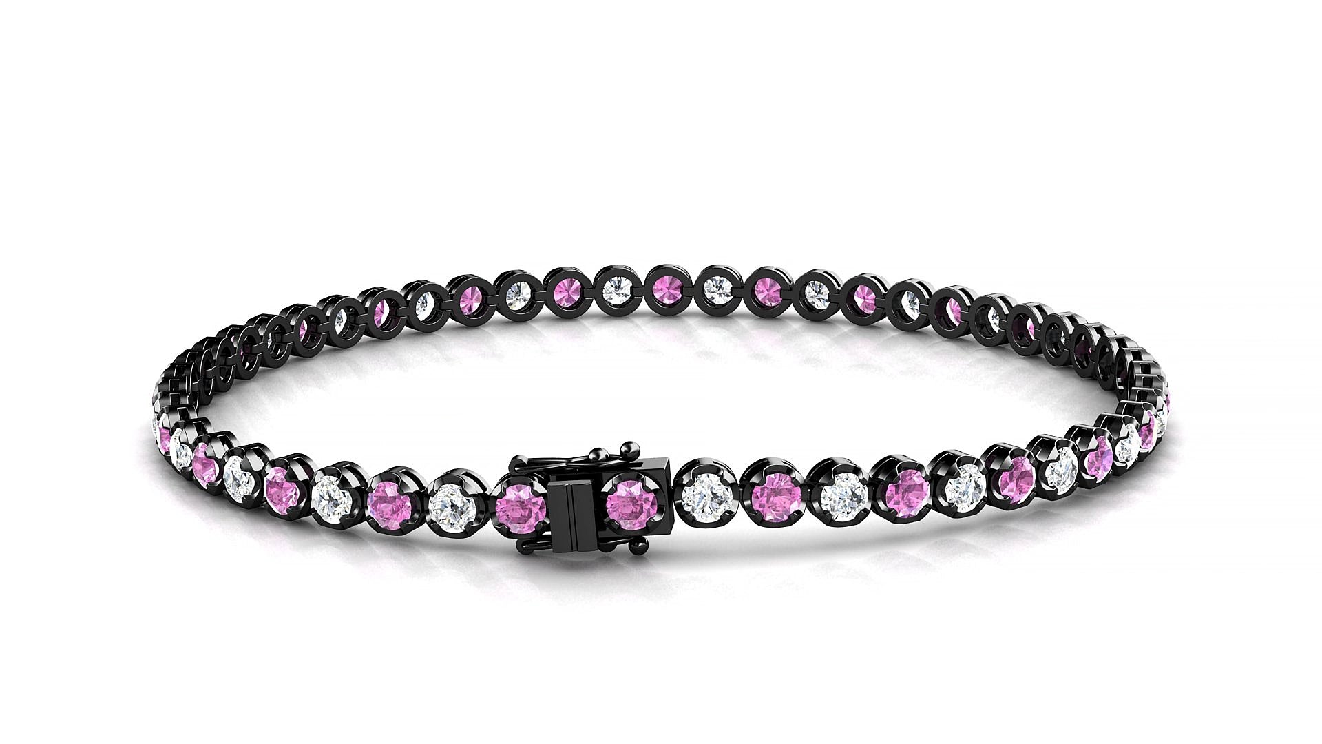 Bengal 1-1 | 18k Black Gold 2.5 mm Round Natural Pink Sapphire & Diamond 15 cm Tennis Bracelet