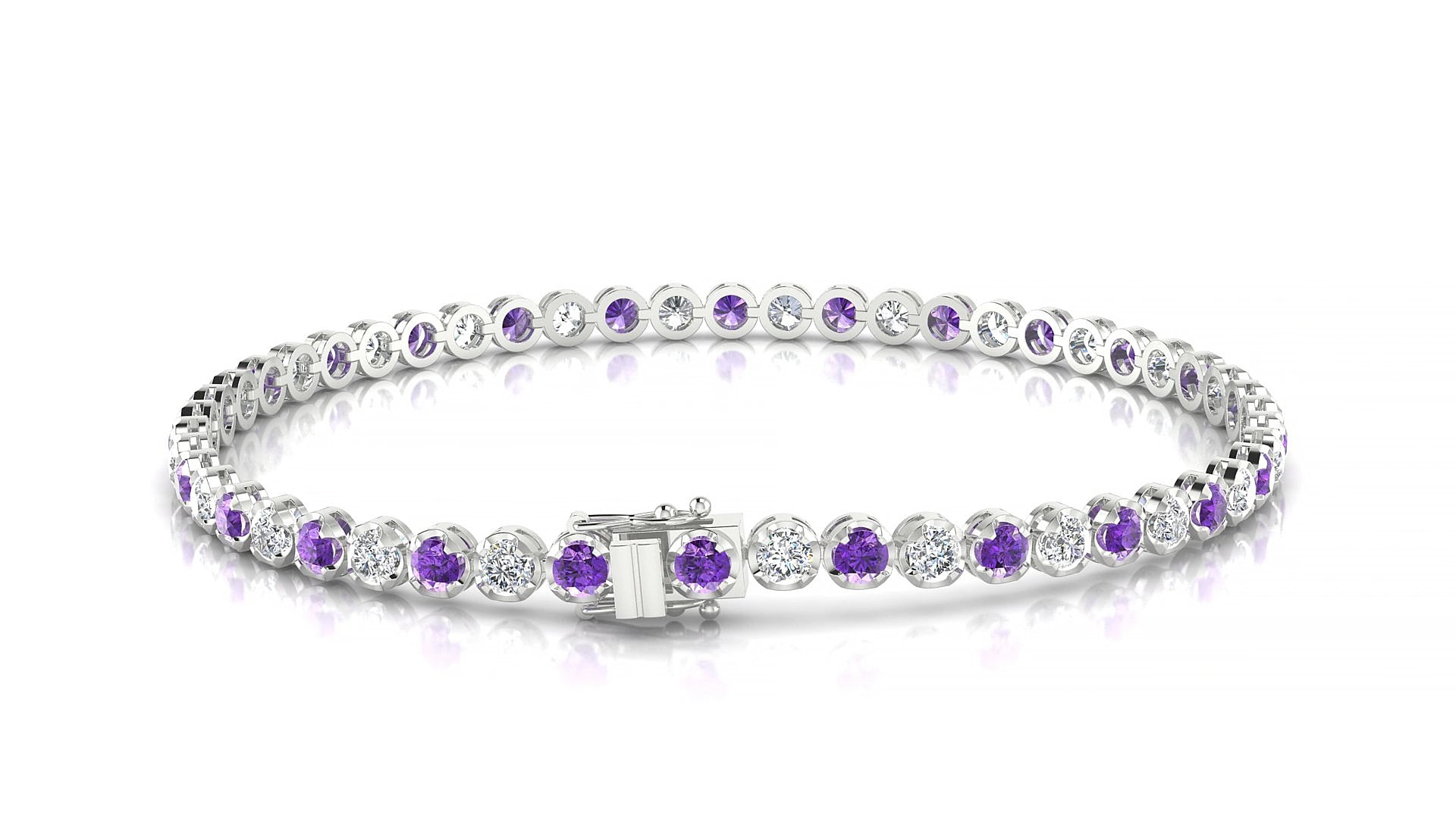 Bengal 1-1 | 18k White Gold 2.5 mm Round Natural Amethyst & Diamond 15 cm Tennis Bracelet