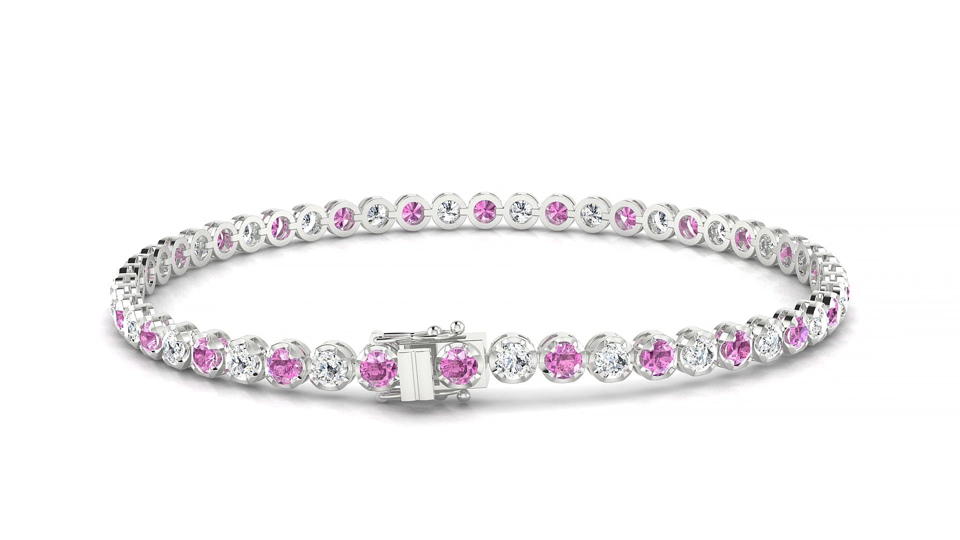 Bengal 1-1 | 18k White Gold 2.5 mm Round Natural Pink Sapphire & Diamond 15 cm Tennis Bracelet