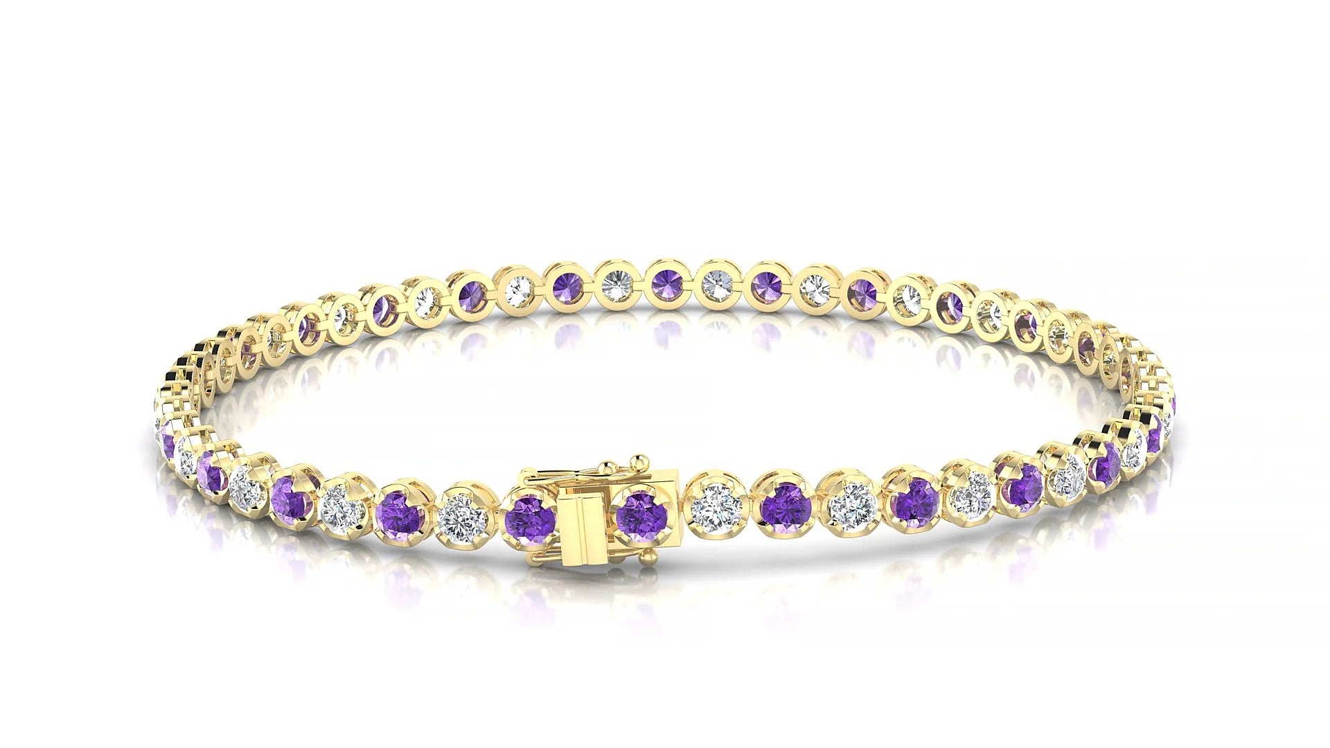 Bengal 1-1 | 18k Yellow Gold 2.5 mm Round Natural Amethyst & Diamond Tennis Bracelet