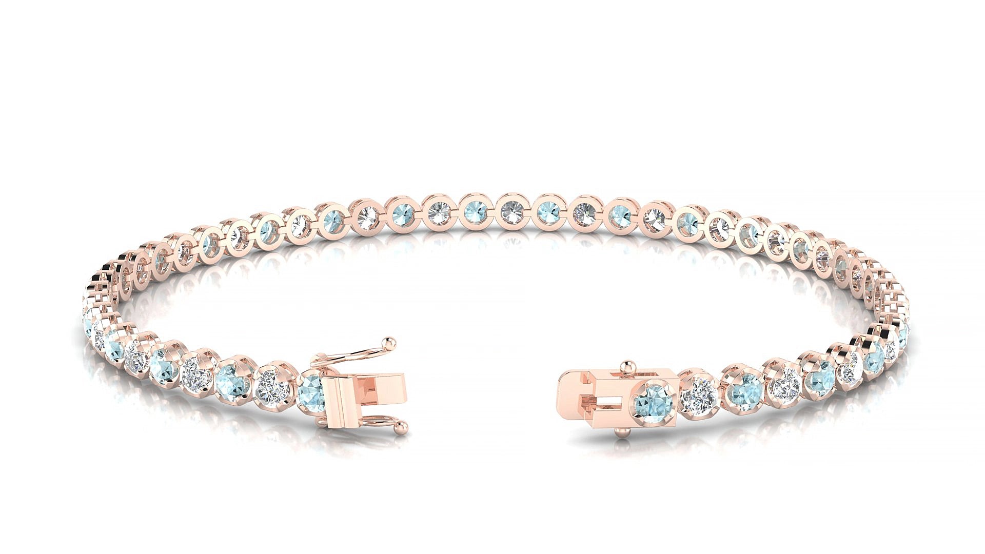 Bengal 1-1 | 18k Rose Gold 2.5 mm Round Natural Aquamarine & Diamond 15 cm Tennis Bracelet