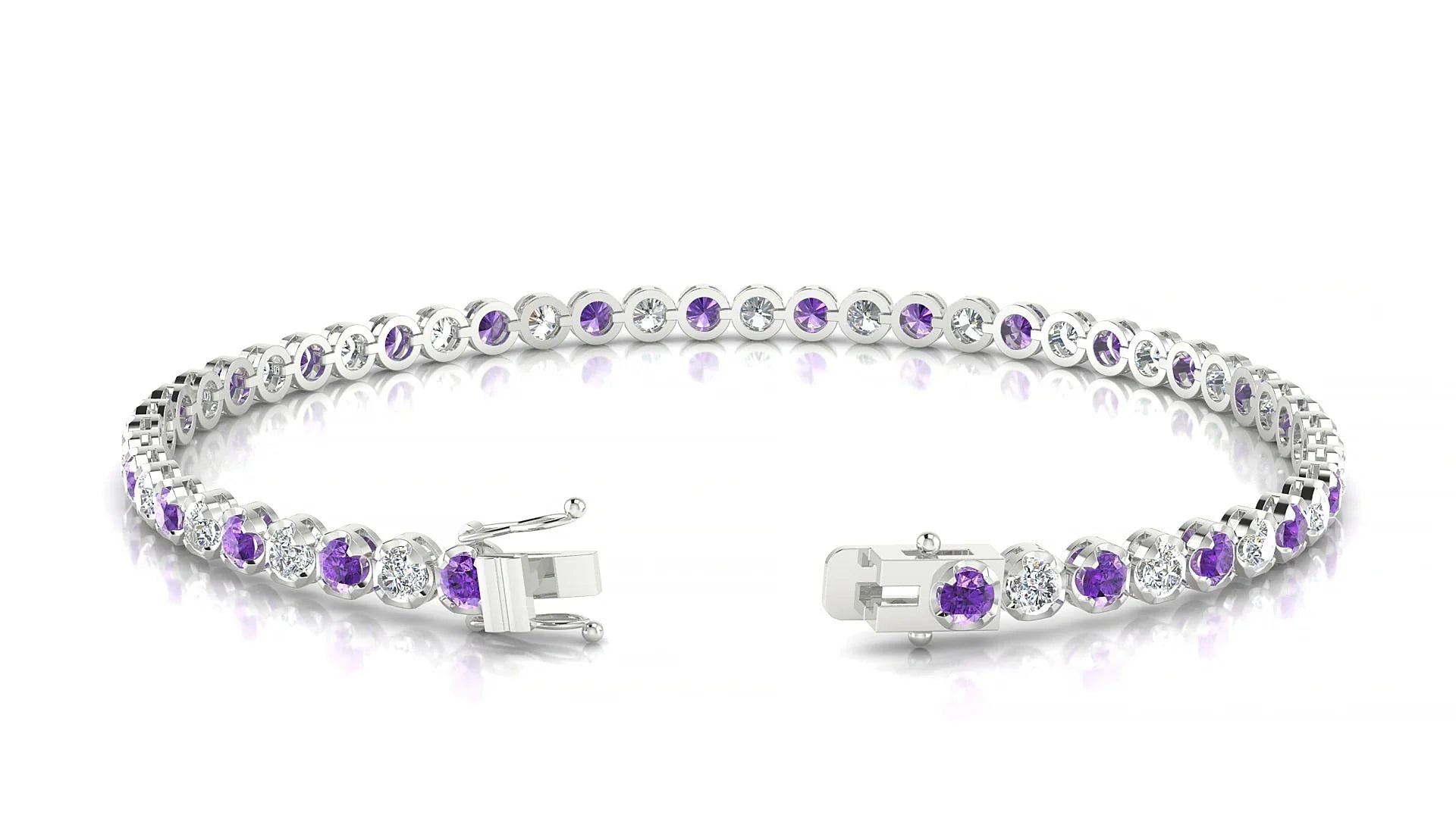 Bengal 1-1 | 18k White Gold 2.5 mm Round Natural Amethyst & Diamond Tennis Bracelet