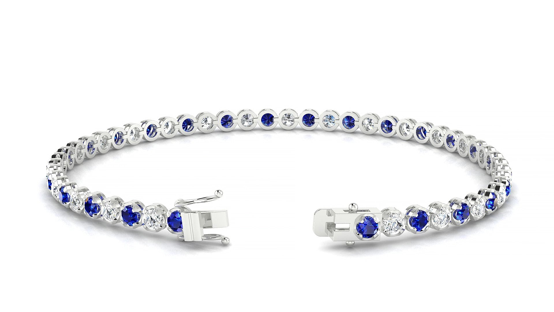 Bengal 1-1 | 18k White Gold 2.5 mm Round Natural Sapphire & Diamond 15 cm Tennis Bracelet