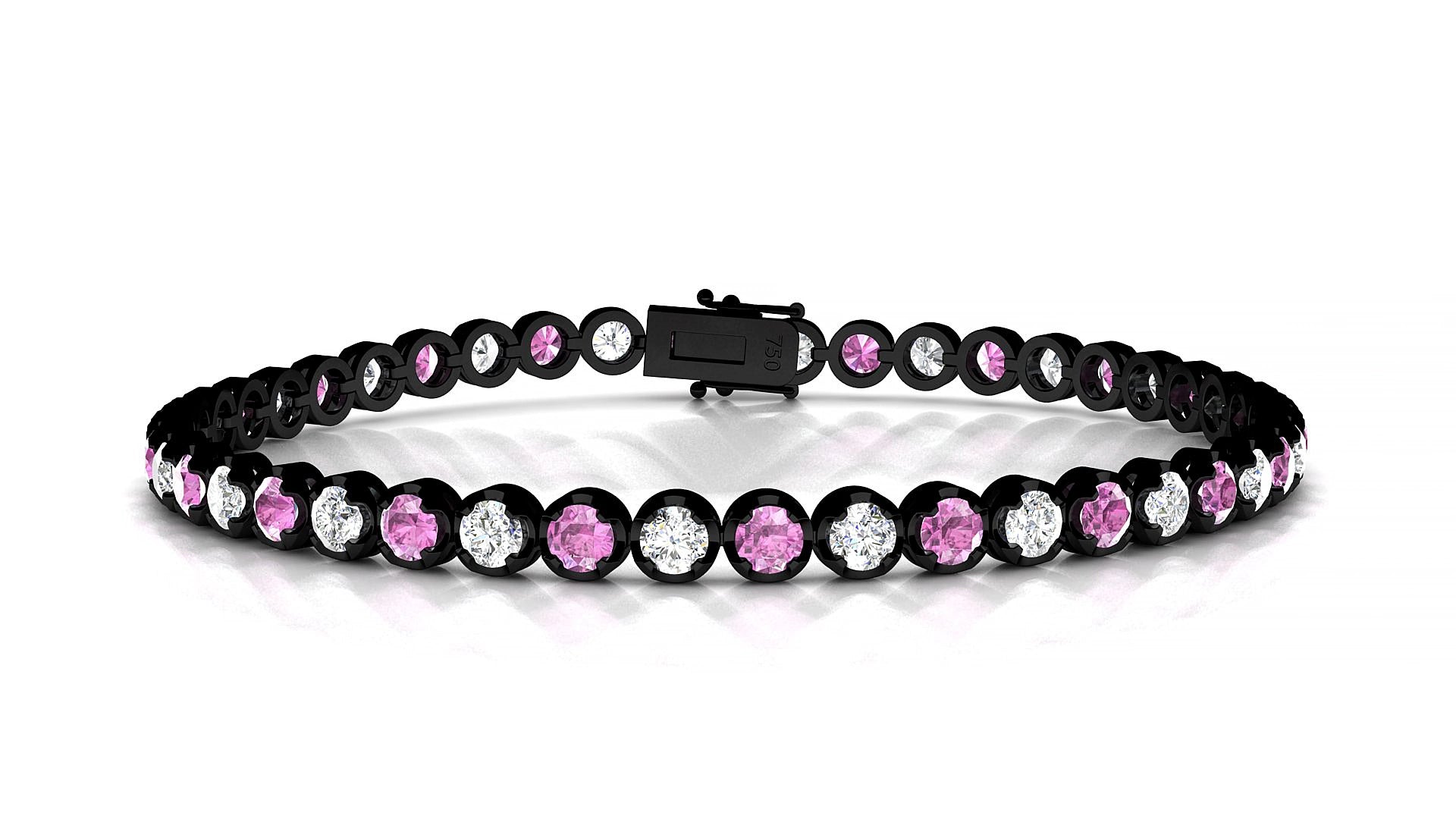 Bengal 1-1 | 18k Black Gold 3 mm Round Natural Pink Sapphire & Diamond 15 cm Tennis Bracelet