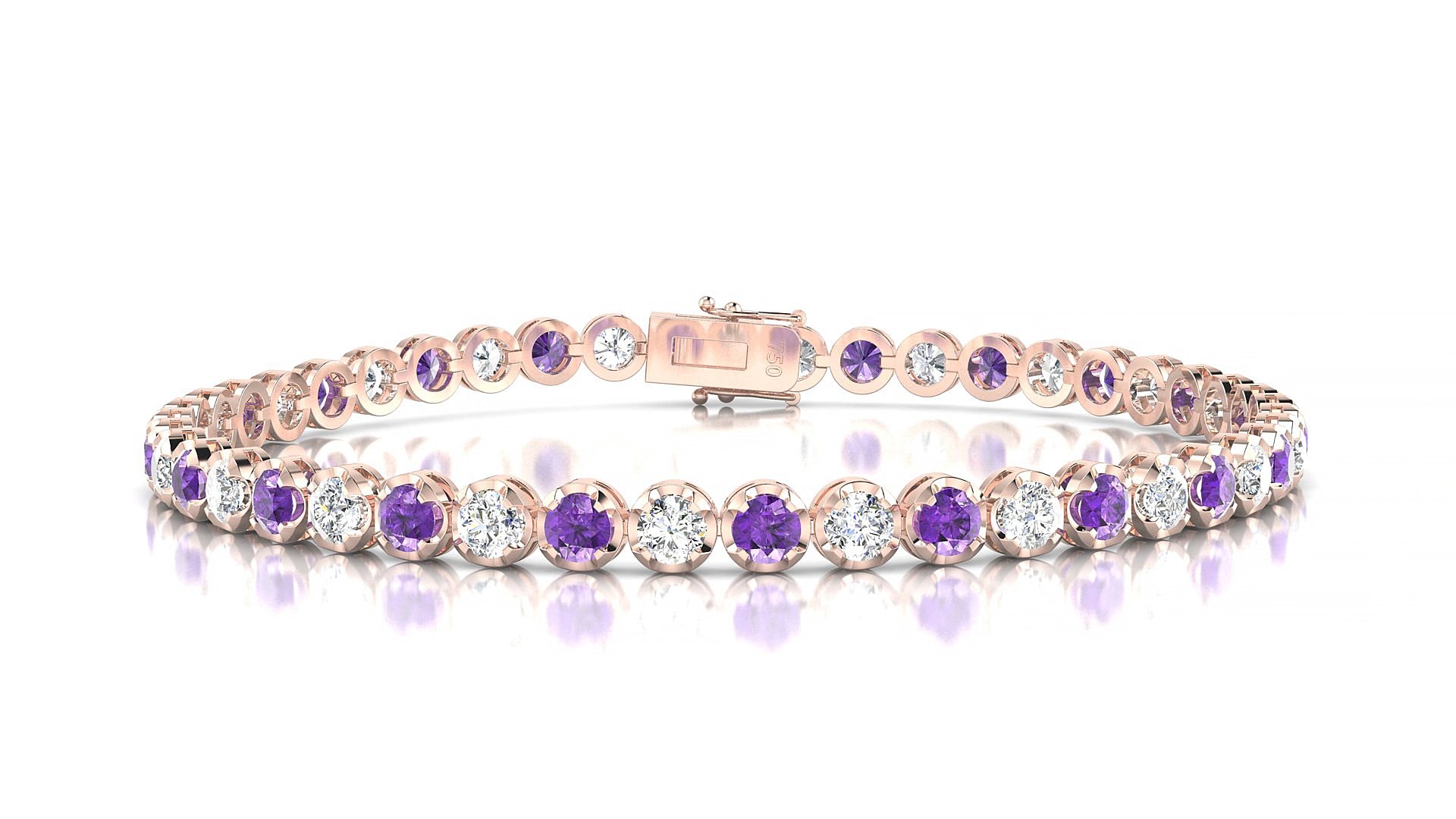 Bengal 1-1 | 18k Rose Gold 3 mm Round Natural Amethyst & Diamond 15 cm Tennis Bracelet