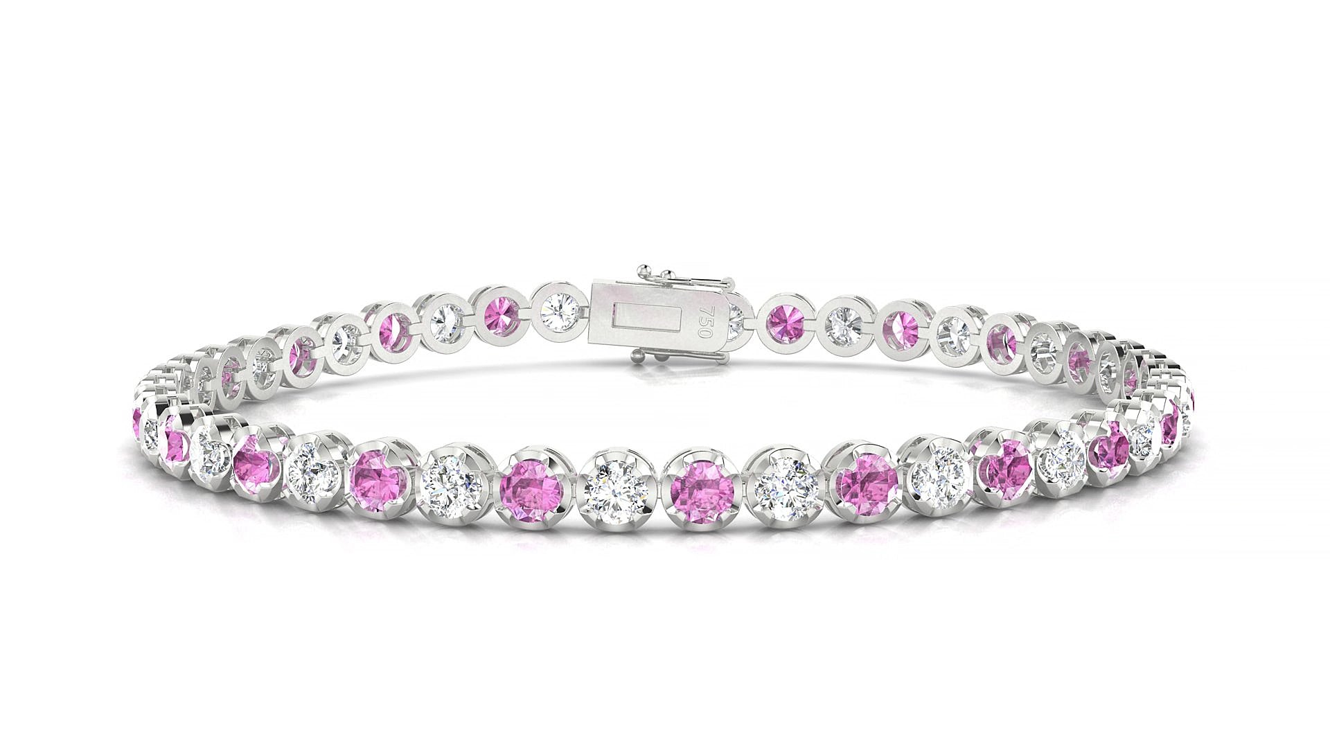 Bengal 1-1 | 18k White Gold 3 mm Round Natural Pink Sapphire & Diamond 15 cm Tennis Bracelet