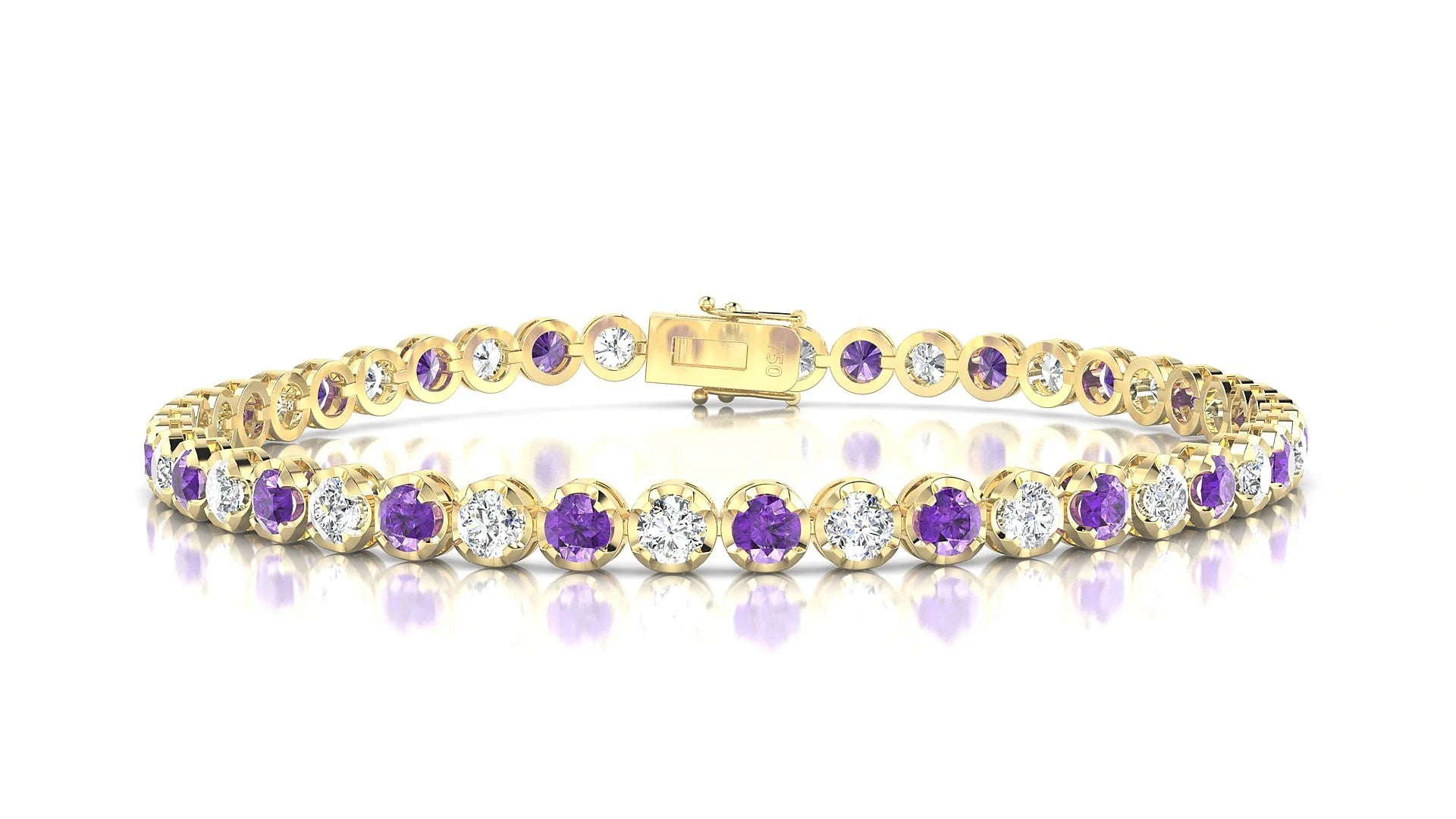 Bengal 1-1 | 18k Yellow Gold 3 mm Round Natural Amethyst & Diamond Tennis Bracelet