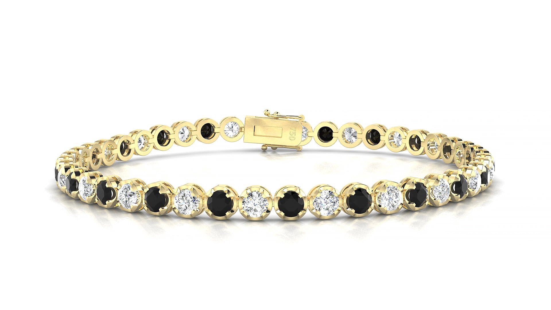 Bengal 1-1 | 18k Yellow Gold 3 mm Round Natural Black Diamond & Diamond 15 cm Tennis Bracelet