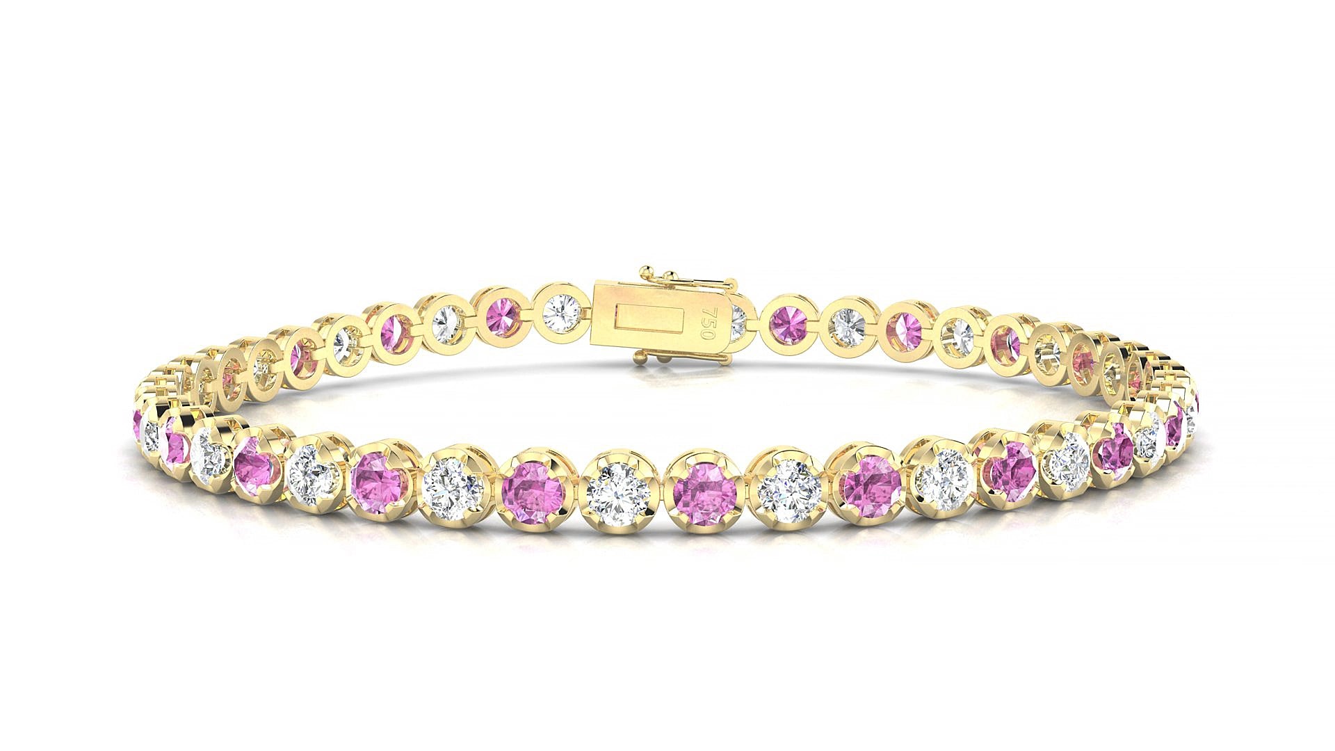 Bengal 1-1 | 18k Yellow Gold 3 mm Round Natural Pink Sapphire & Diamond 15 cm Tennis Bracelet
