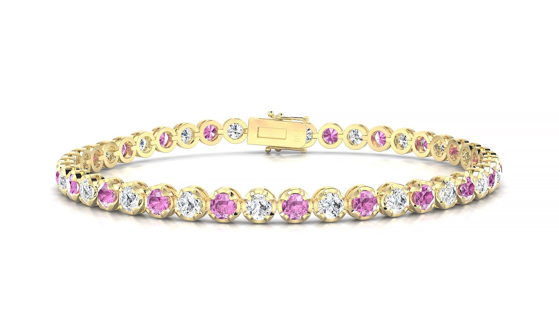 Bengal 1-1 | 18k Yellow Gold 3 mm Round Natural Pink Sapphire & Diamond Tennis Bracelet