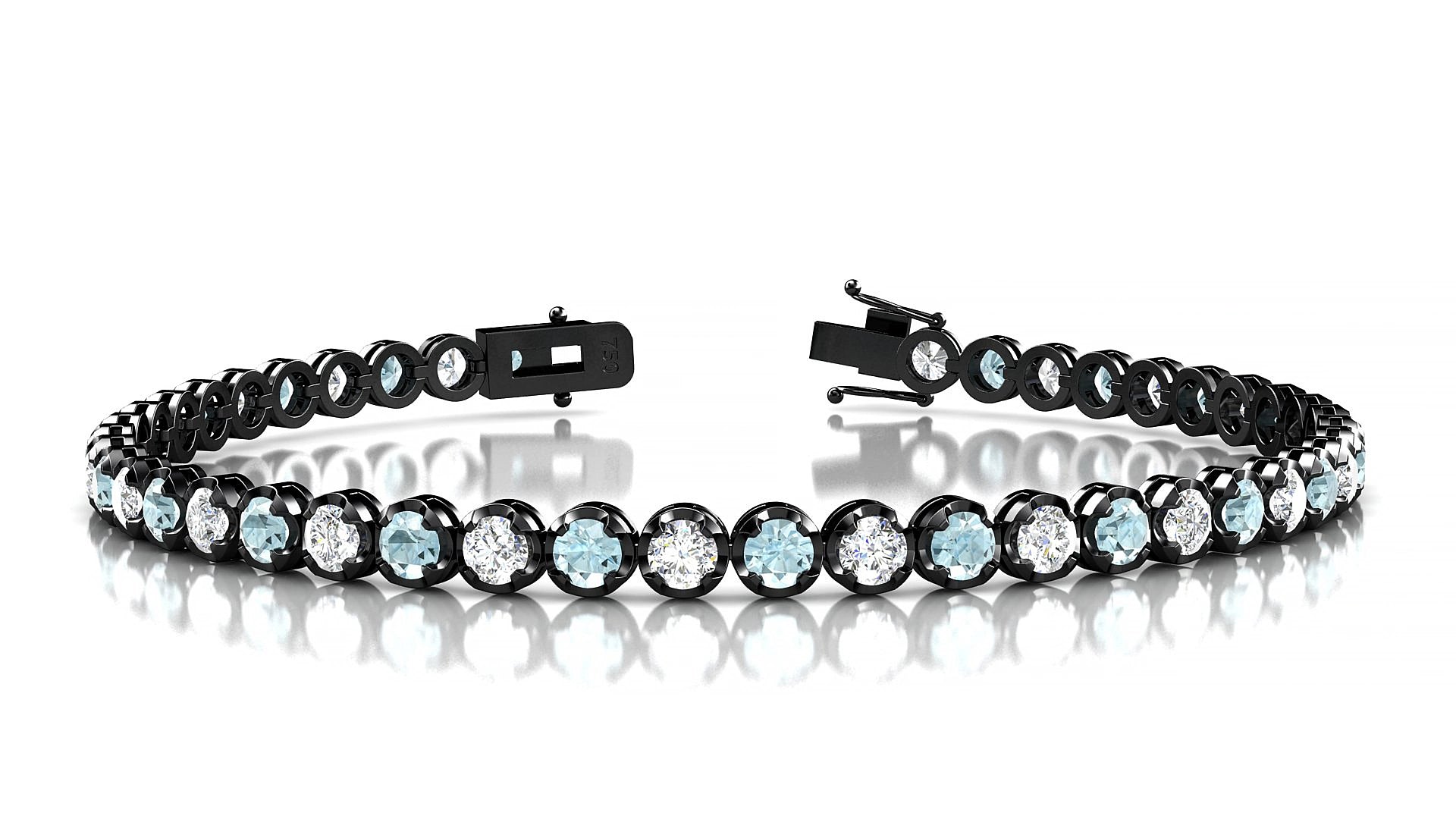 Bengal 1-1 | 18k Black Gold 3 mm Round Natural Aquamarine & Diamond 15 cm Tennis Bracelet