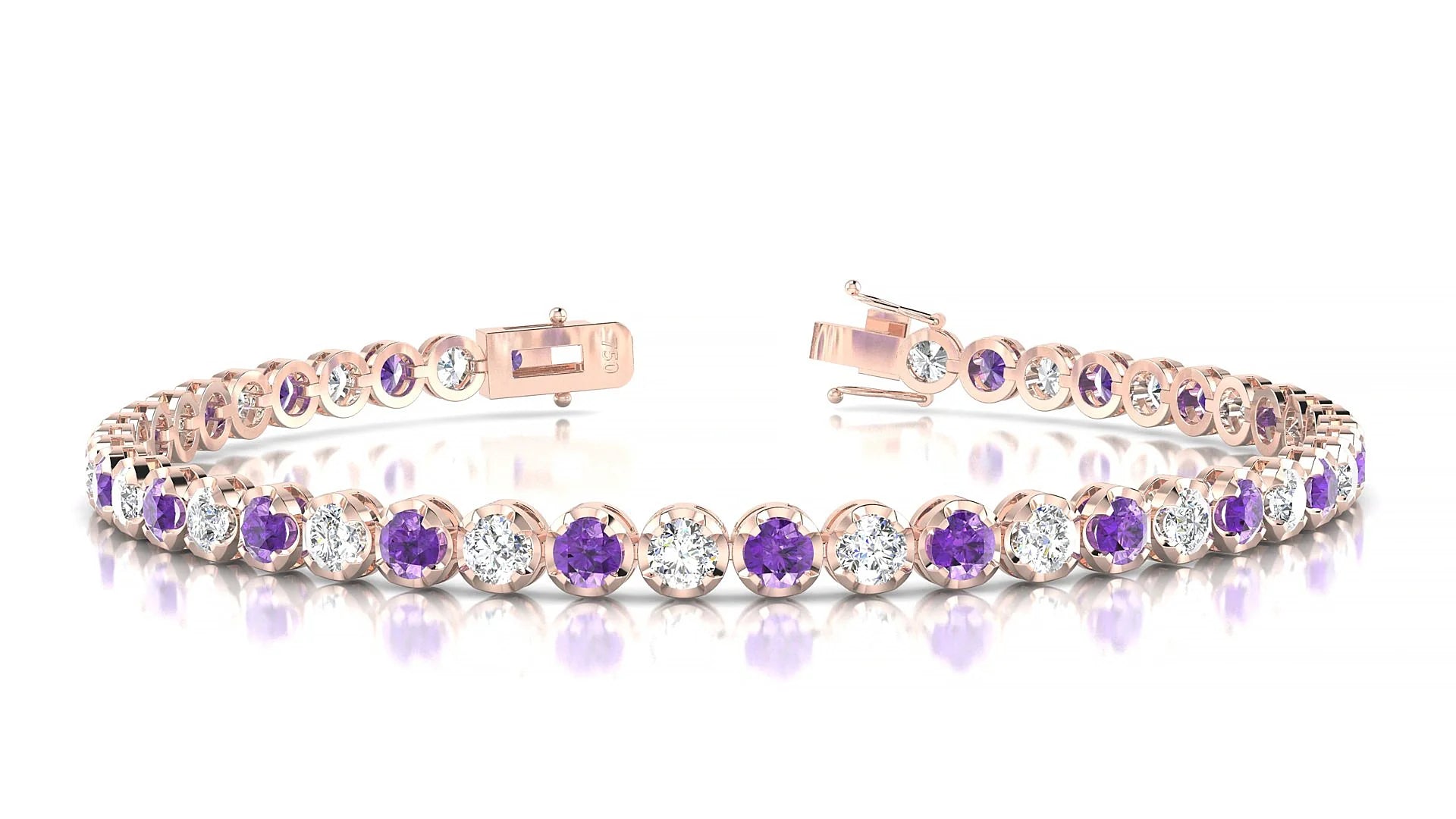 Bengal 1-1 | 18k Rose Gold 3 mm Round Natural Amethyst & Diamond Tennis Bracelet
