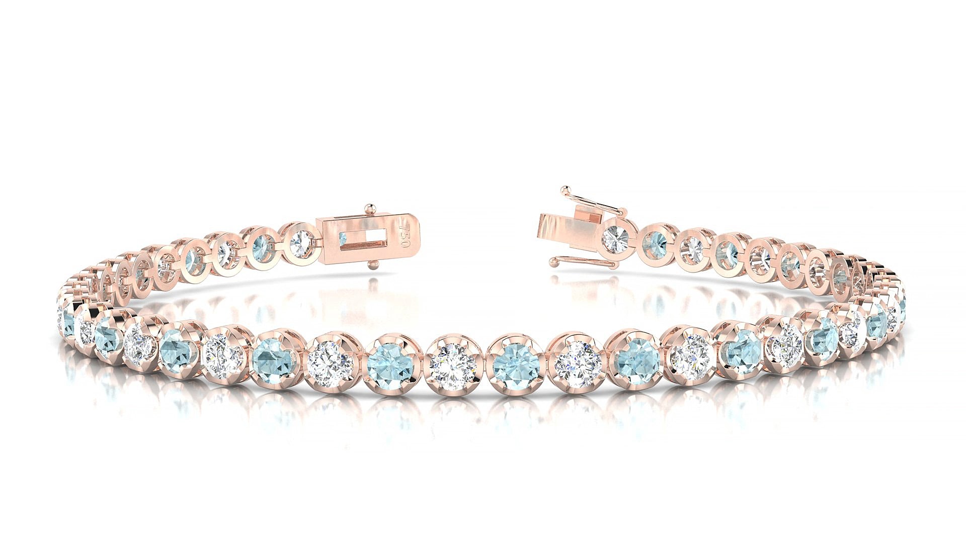Bengal 1-1 | 18k Rose Gold 3 mm Round Natural Aquamarine & Diamond 15 cm Tennis Bracelet