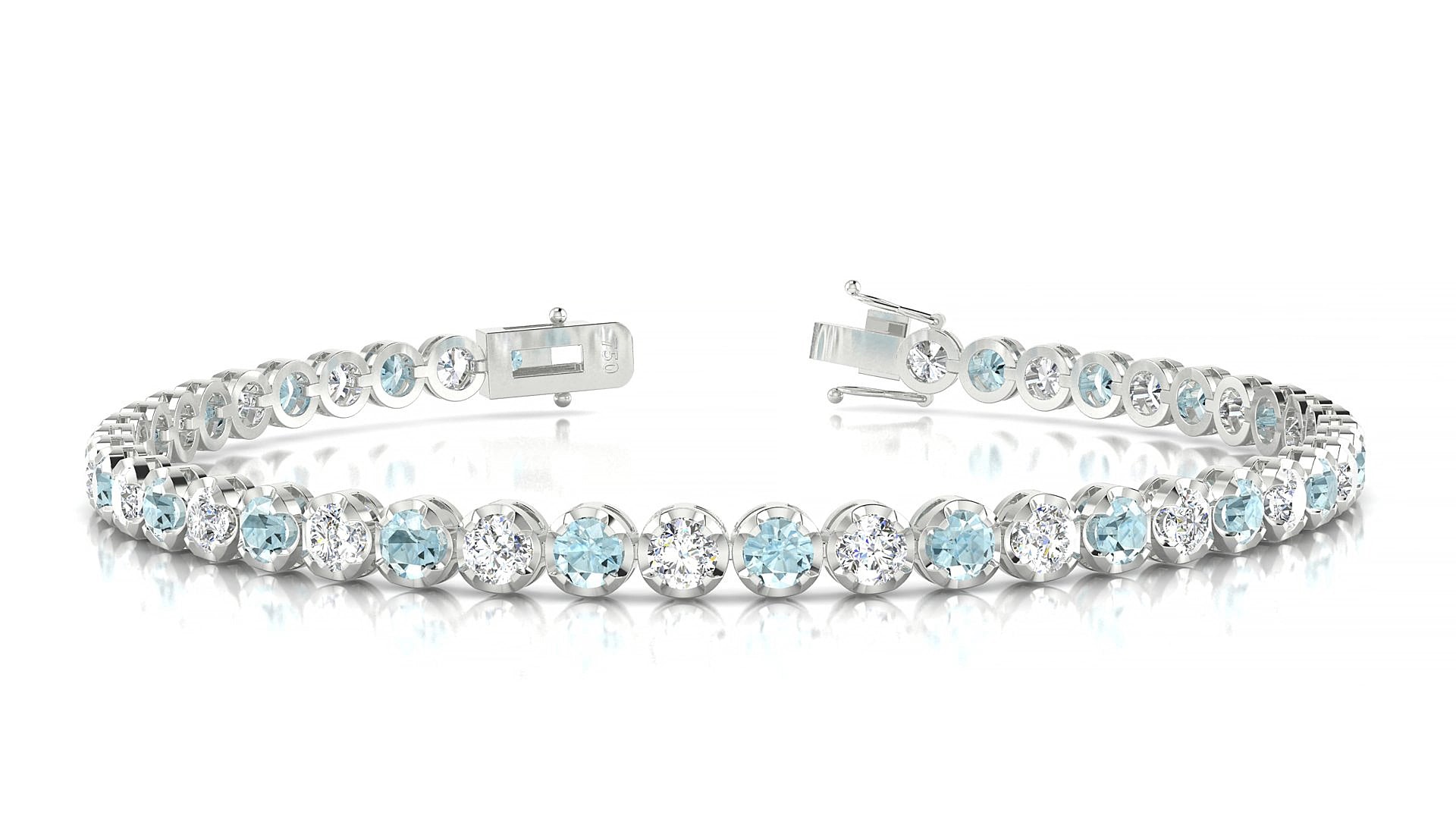 Bengal 1-1 | 18k White Gold 3 mm Round Natural Aquamarine & Diamond 15 cm Tennis Bracelet