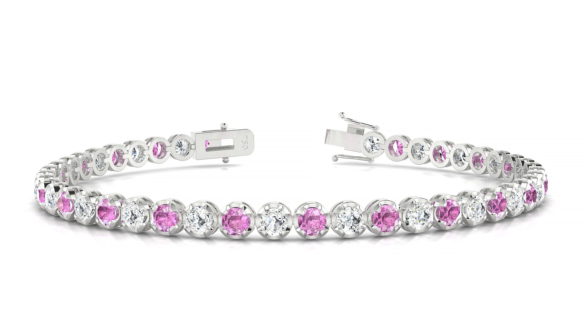 Bengal 1-1 | 18k White Gold 3 mm Round Natural Pink Sapphire & Diamond Tennis Bracelet