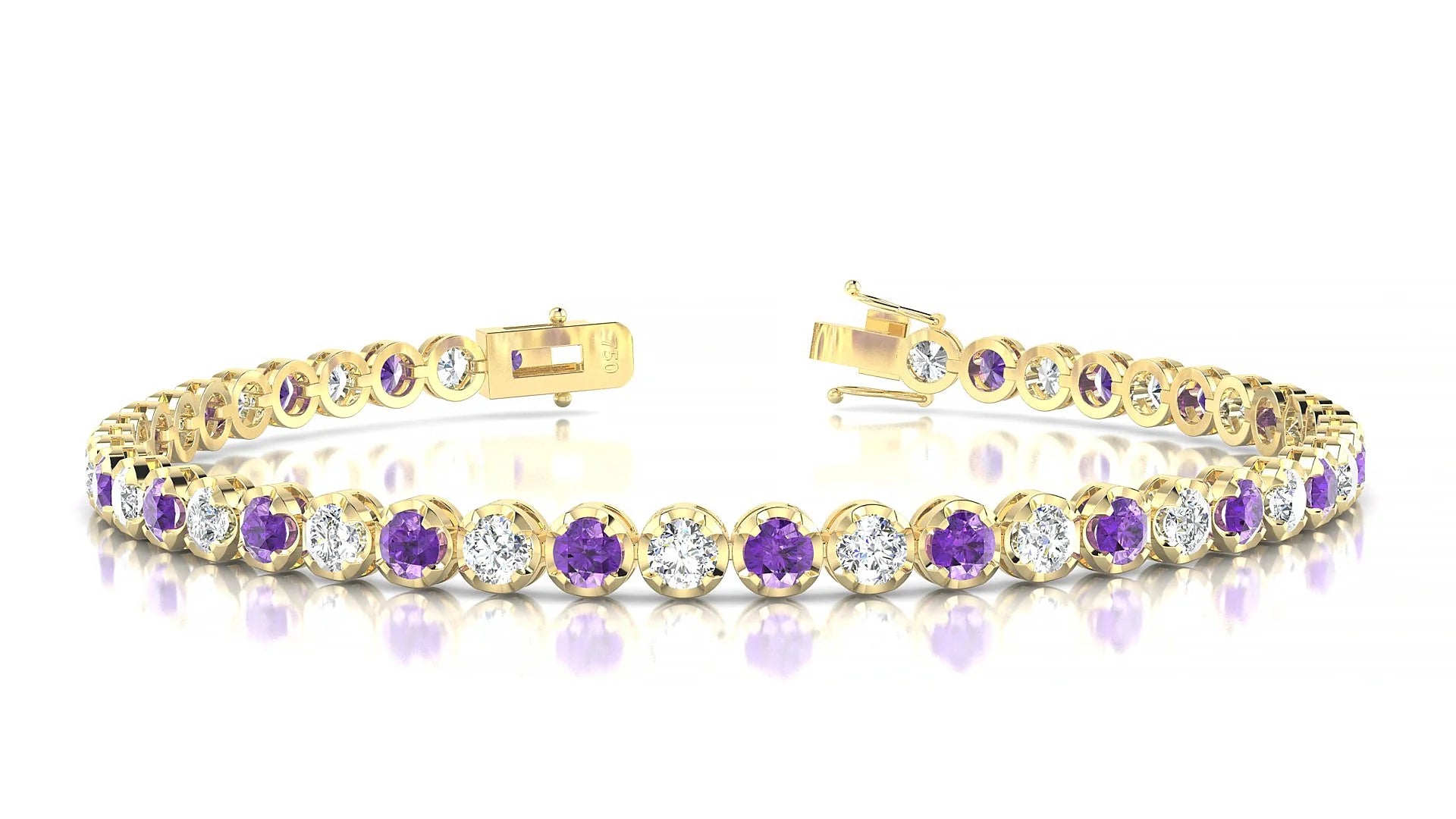 Bengal 1-1 | 18k Yellow Gold 3 mm Round Natural Amethyst & Diamond Tennis Bracelet