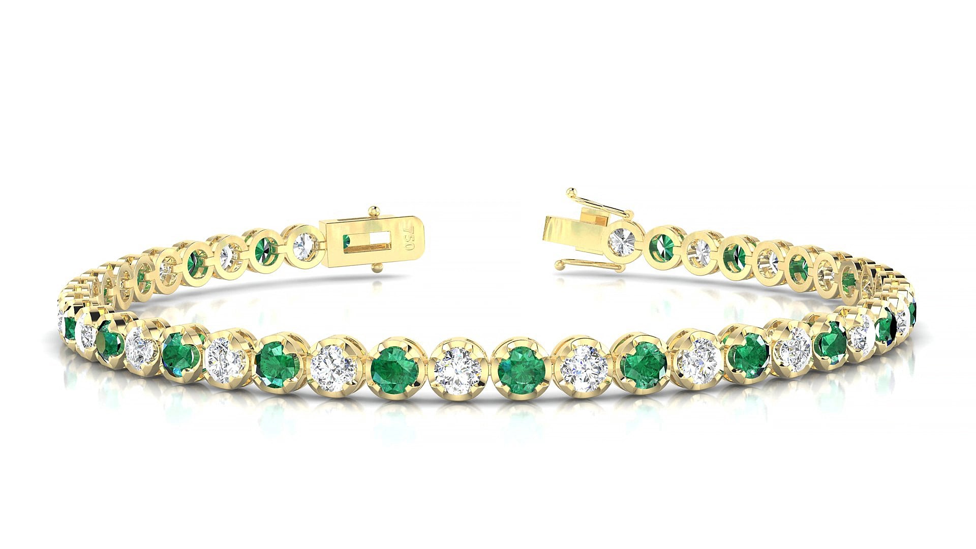 Bengal 1-1 | 18k Yellow Gold 3 mm Round Natural Emerald & Diamond 15 cm Tennis Bracelet