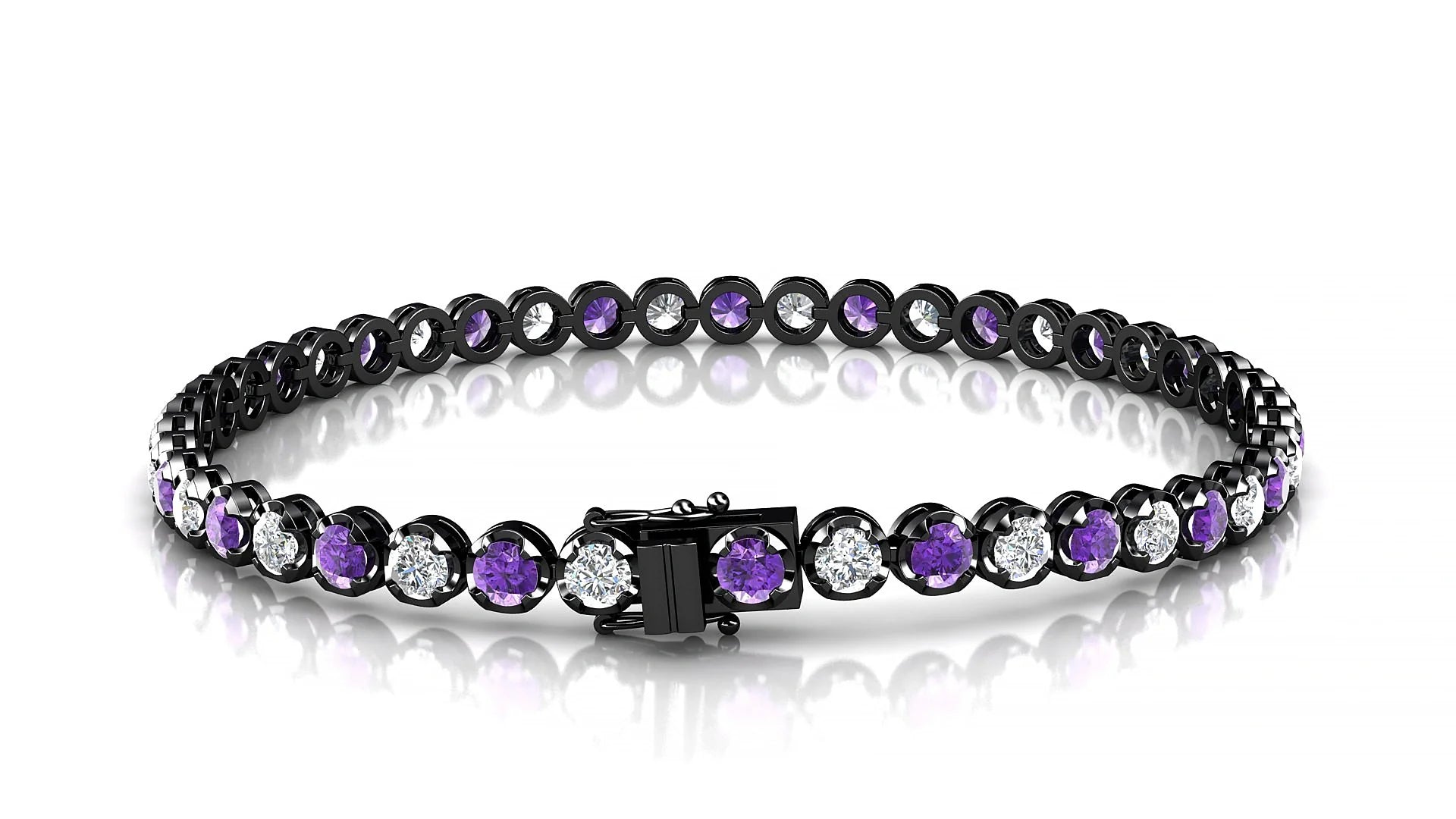 Bengal 1-1 | 18k Black Gold 3 mm Round Natural Amethyst & Diamond Tennis Bracelet