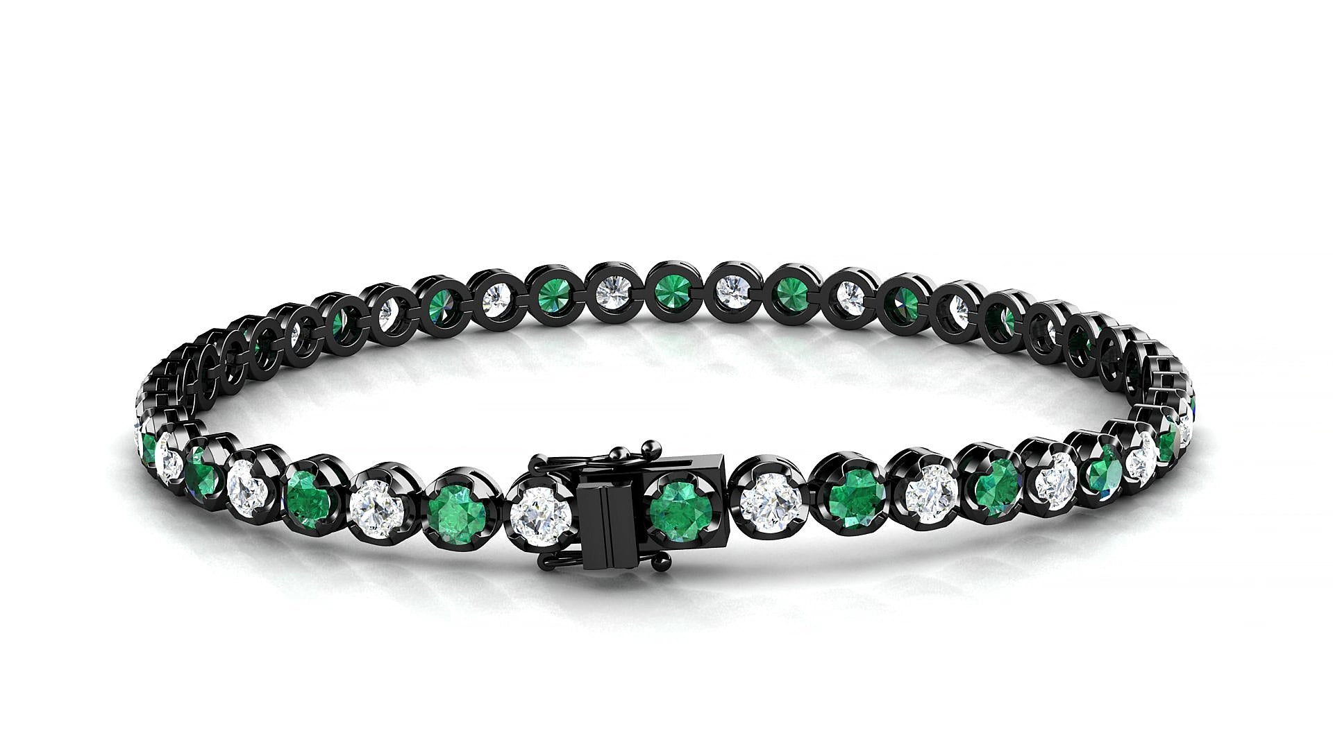 Bengal 1-1 | 18k Black Gold 3 mm Round Natural Emerald & Diamond 15 cm Tennis Bracelet