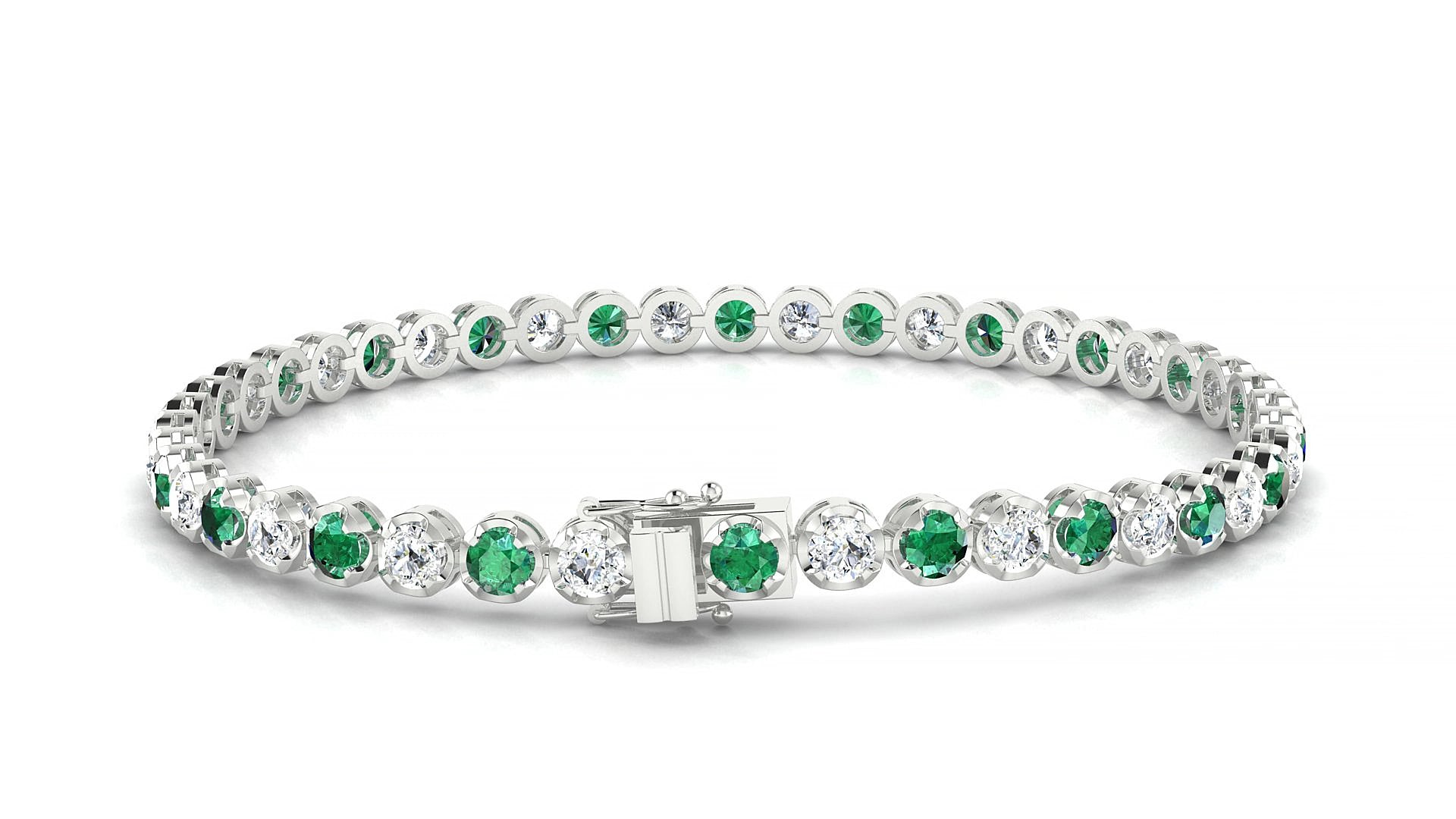 Bengal 1-1 | 18k White Gold 3 mm Round Natural Emerald & Diamond 15 cm Tennis Bracelet