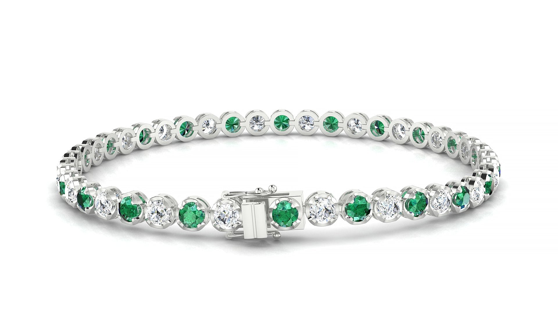 Bengal 1-1 | 18k White Gold 3 mm Round Natural Emerald & Diamond Tennis Bracelet