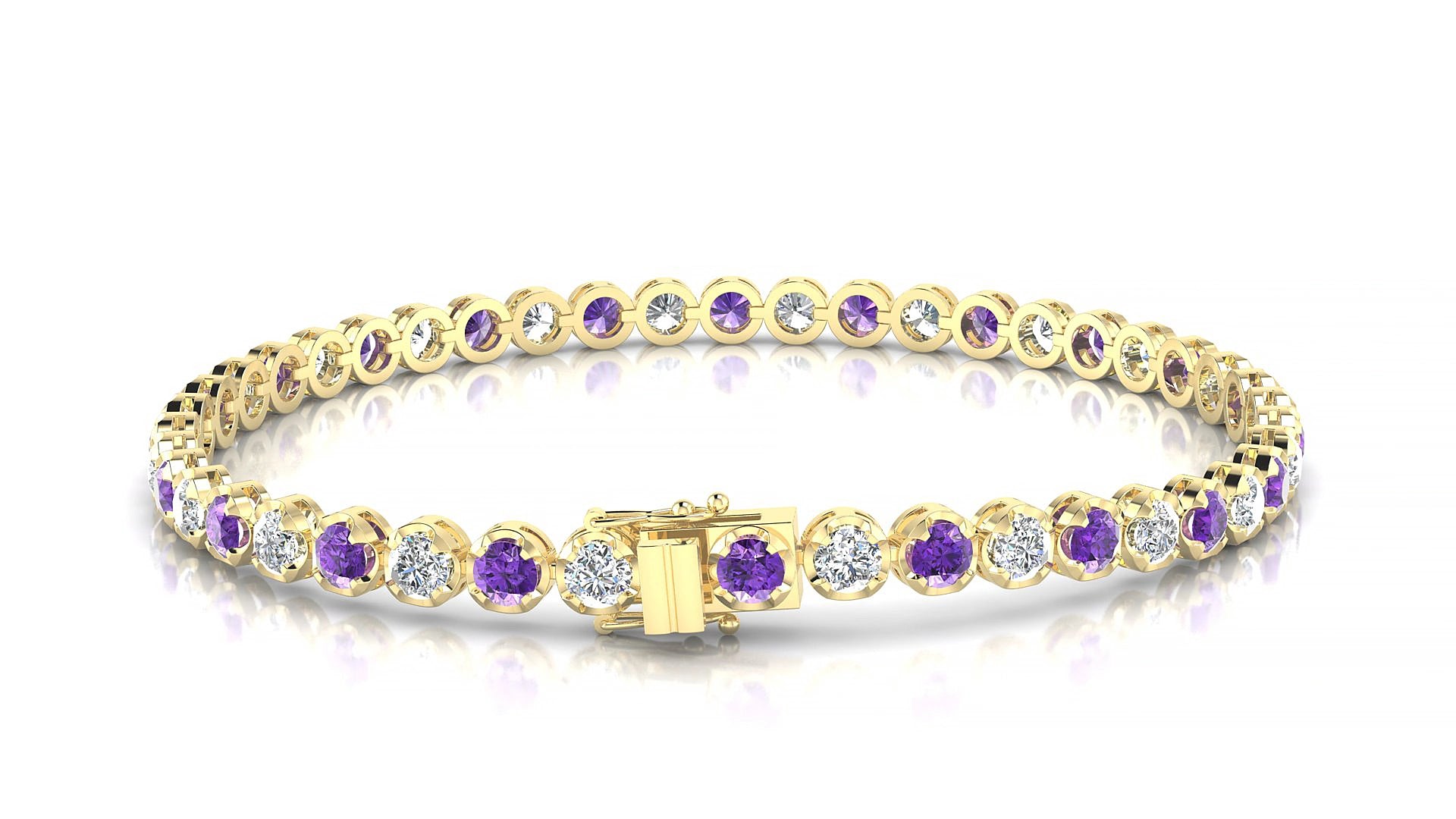 Bengal 1-1 | 18k Yellow Gold 3 mm Round Natural Amethyst & Diamond 16 cm Tennis Bracelet