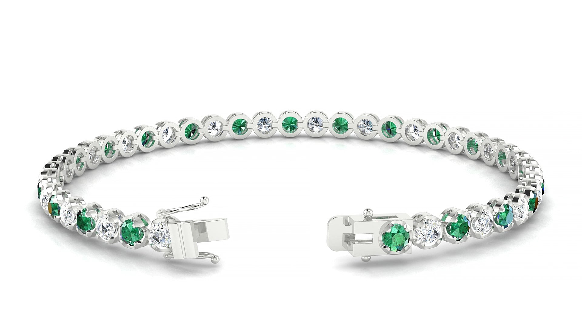 Bengal 1-1 | 18k White Gold 3 mm Round Natural Emerald & Diamond 15 cm Tennis Bracelet