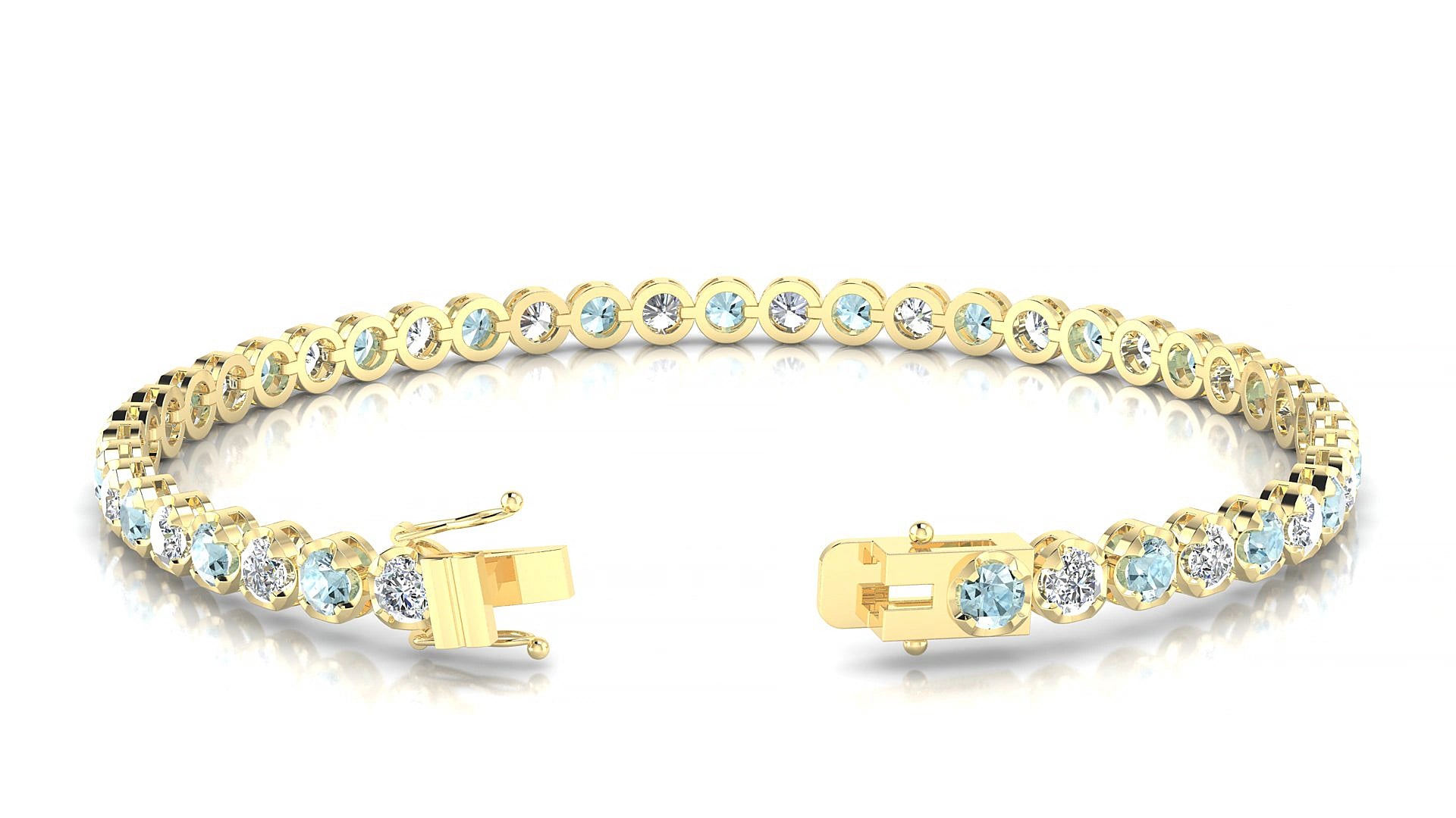 Bengal 1-1 | 18k Yellow Gold 3 mm Round Natural Aquamarine & Diamond 15 cm Tennis Bracelet