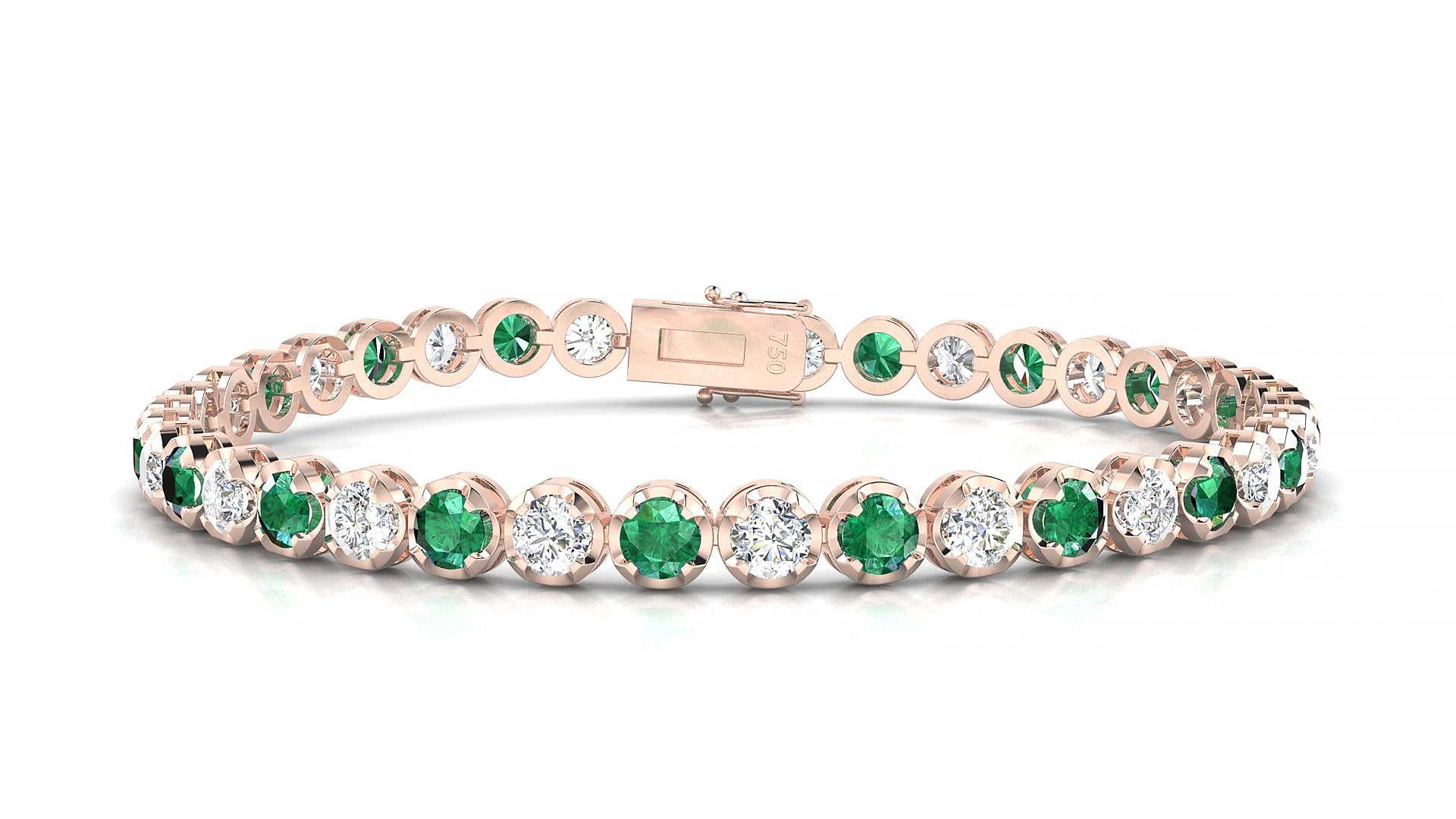 Bengal 1-1 | 18k Rose Gold 3.4 mm Round Natural Emerald & Diamond 15 cm Tennis Bracelet