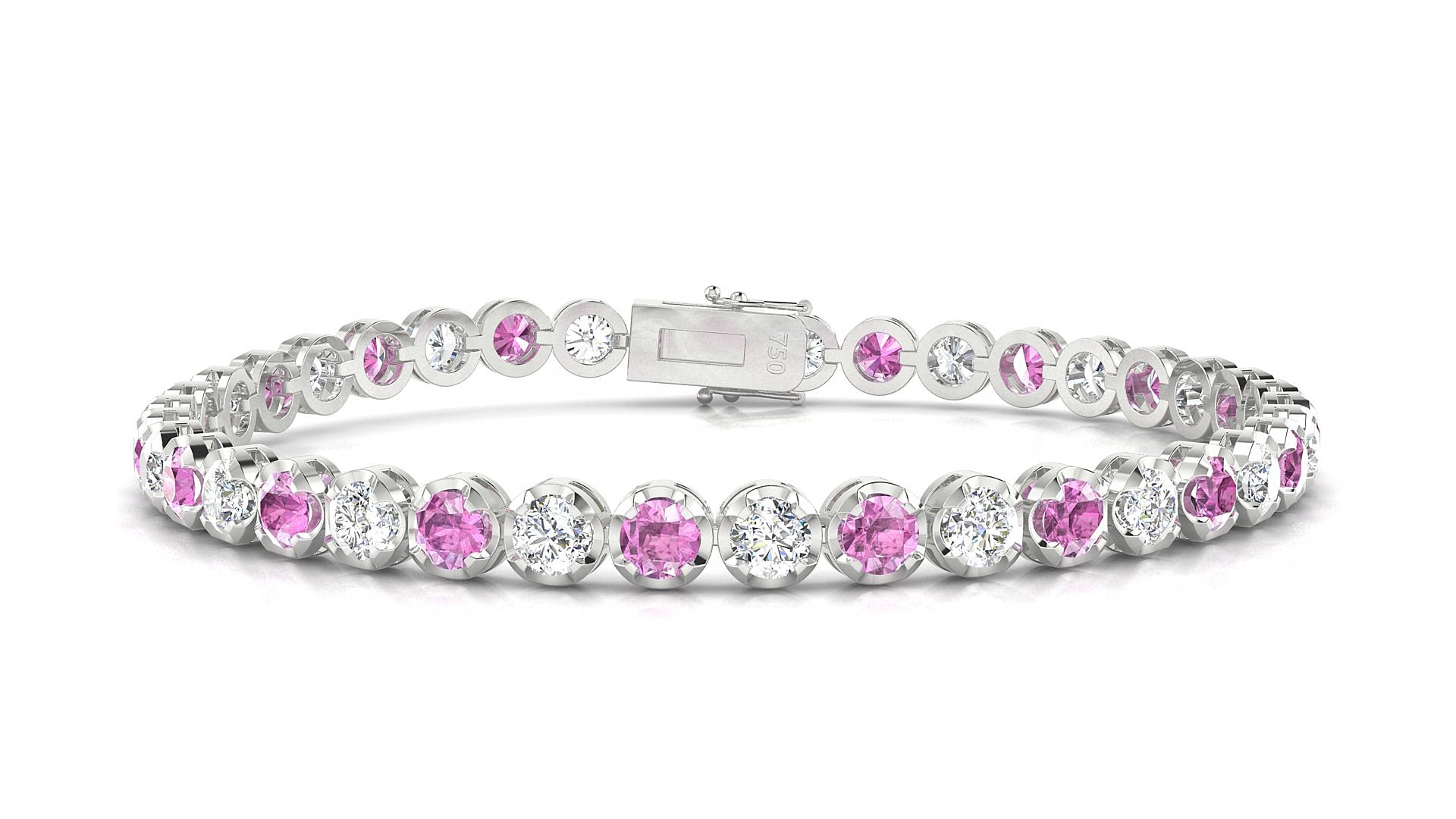 Bengal 1-1 | 18k White Gold 3.4 mm Round Natural Pink Sapphire & Diamond 15 cm Tennis Bracelet