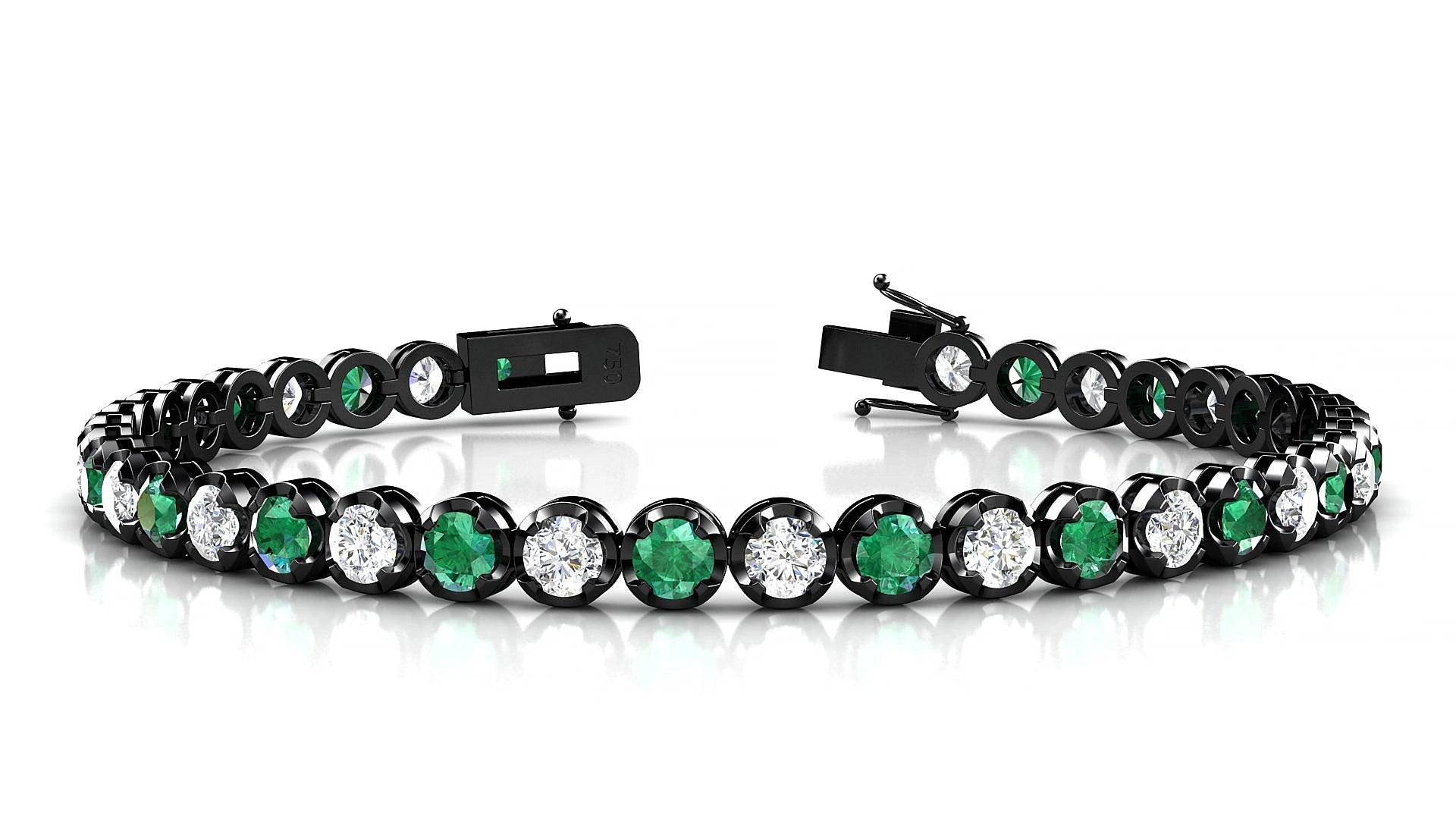 Bengal 1-1 | 18k Black Gold 3.4 mm Round Natural Emerald & Diamond 15 cm Tennis Bracelet