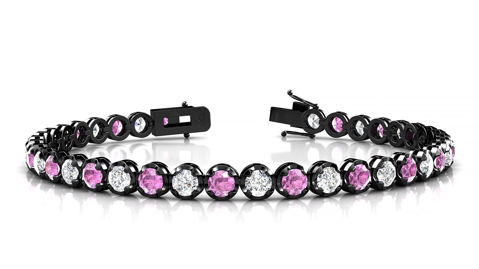Bengal 1-1 | 18k Black Gold 3.4 mm Round Natural Pink Sapphire & Diamond 18 cm Tennis Bracelet