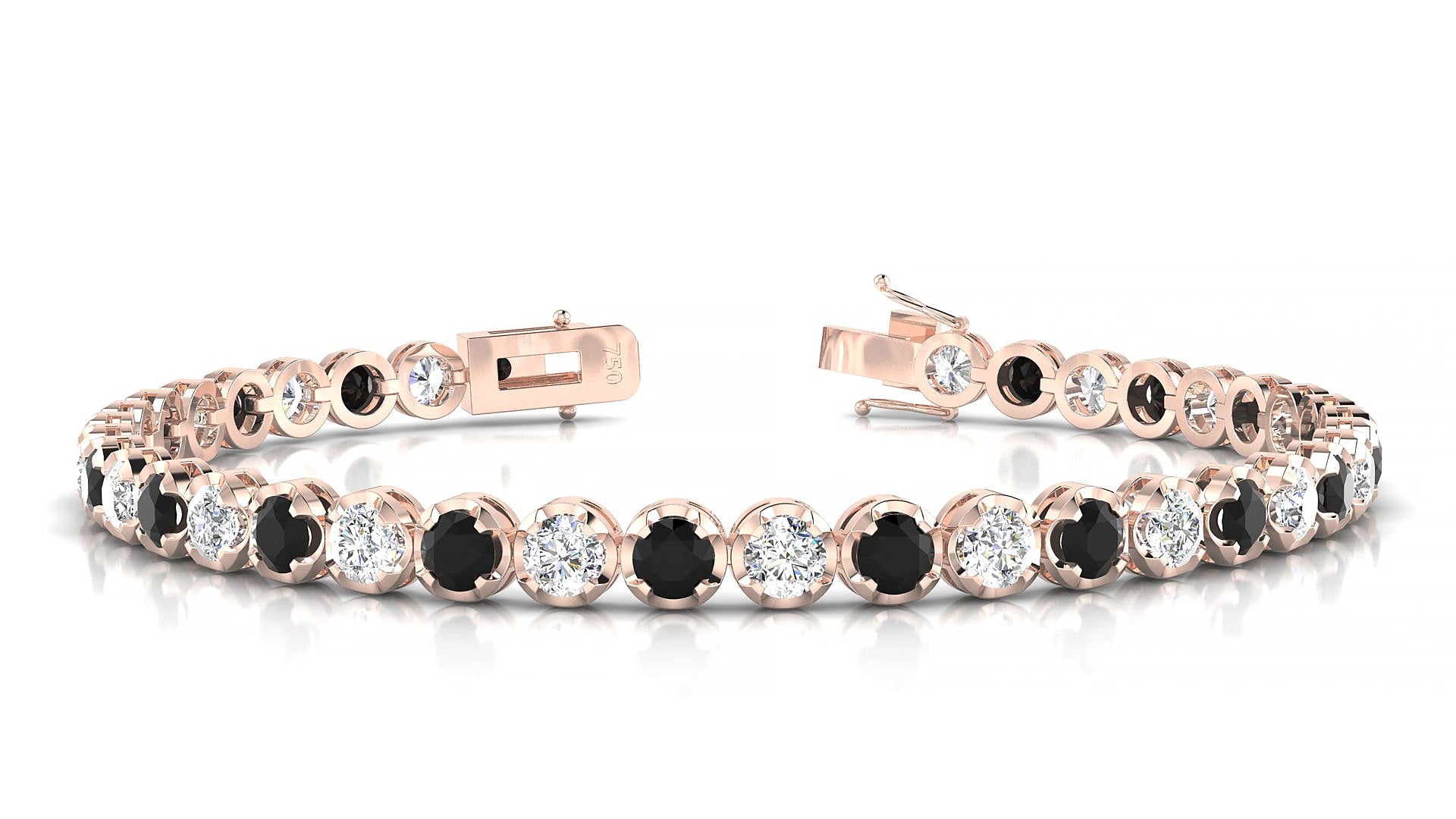 Bengal 1-1 | 18k Rose Gold 3.4 mm Round Natural Black Diamond & Diamond 15 cm Tennis Bracelet