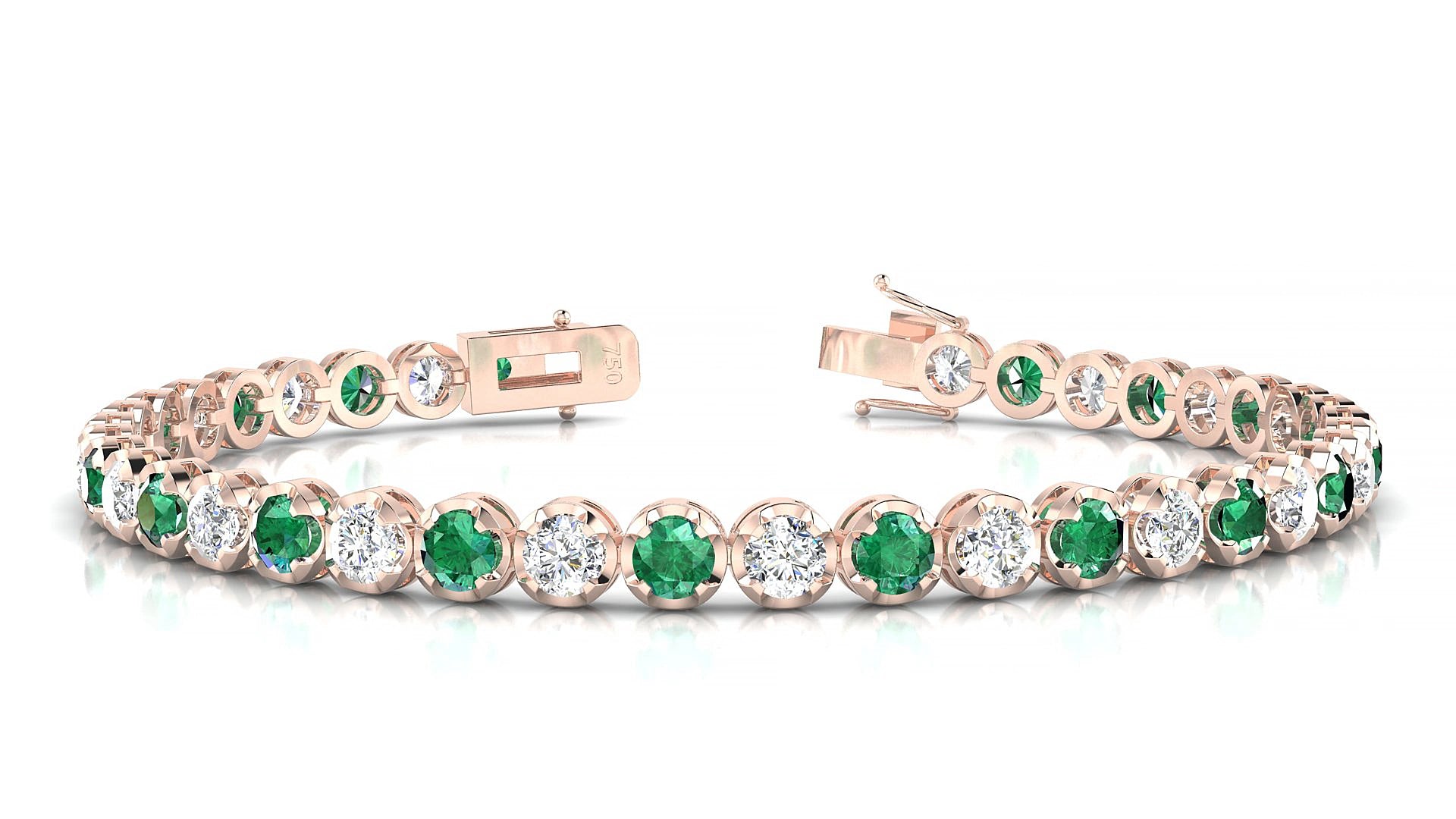 Bengal 1-1 | 18k Rose Gold 3.4 mm Round Natural Emerald & Diamond 15 cm Tennis Bracelet
