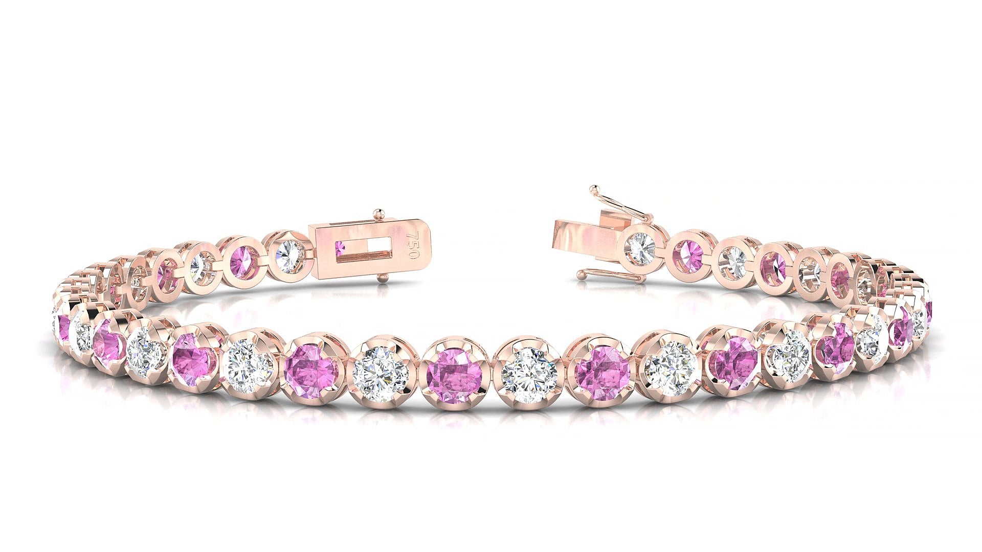 Bengal 1-1 | 18k Rose Gold 3.4 mm Round Natural Pink Sapphire & Diamond 19 cm Tennis Bracelet