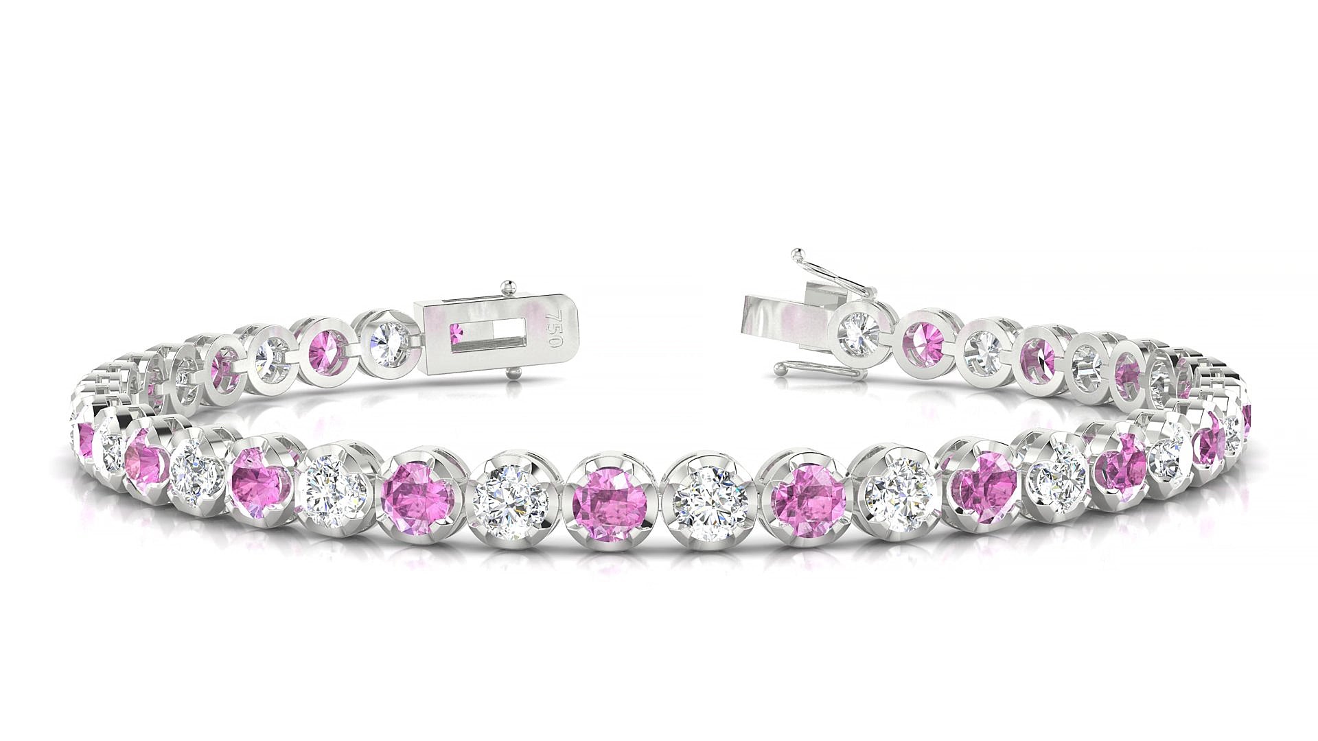 Bengal 1-1 | 18k White Gold 3.4 mm Round Natural Pink Sapphire & Diamond 18 cm Tennis Bracelet