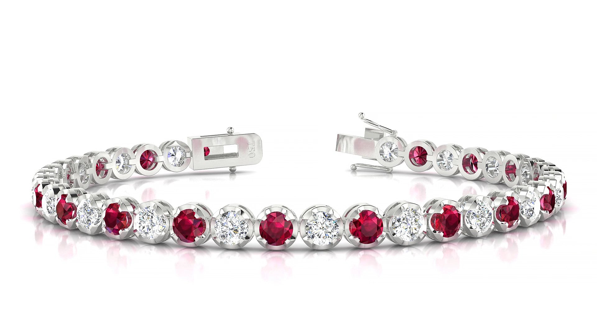 Bengal 1-1 | 18k White Gold 3.4 mm Round Natural Ruby & Diamond 15 cm Tennis Bracelet