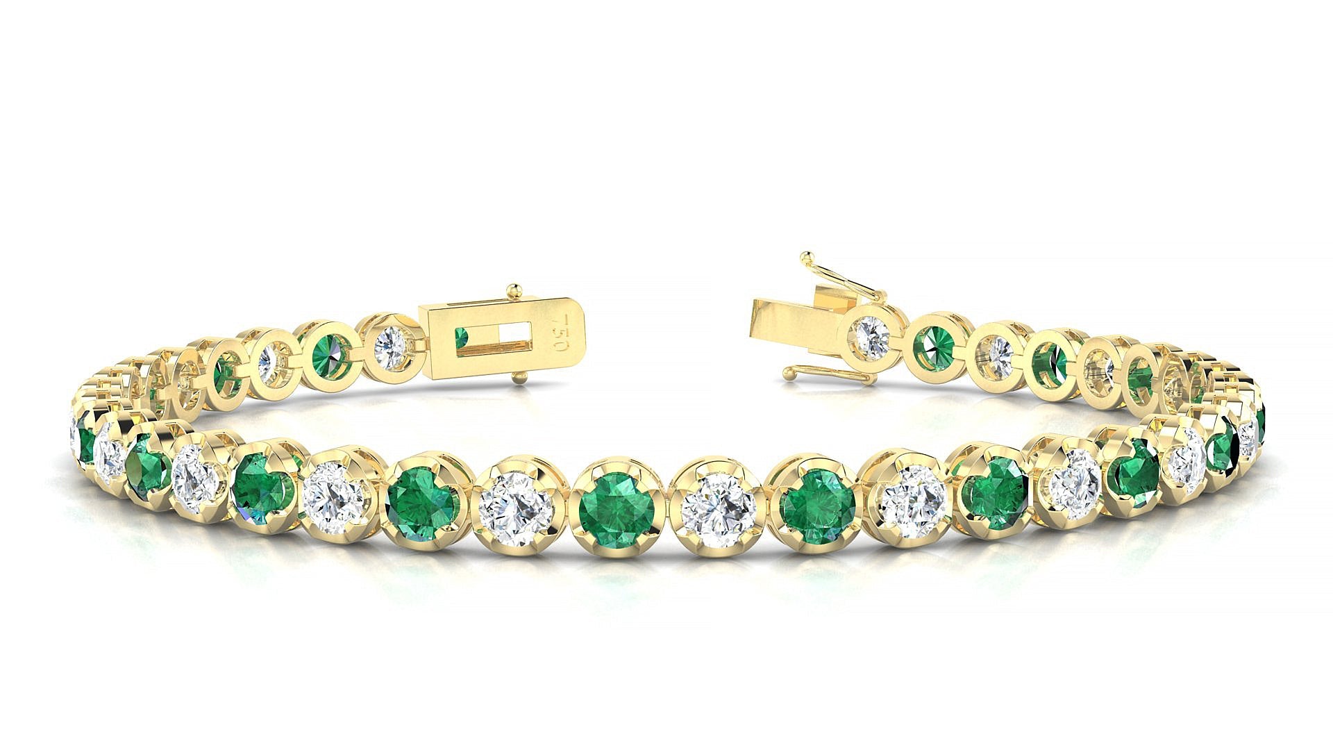 Bengal 1-1 | 18k Yellow Gold 3.4 mm Round Natural Emerald & Diamond Tennis Bracelet