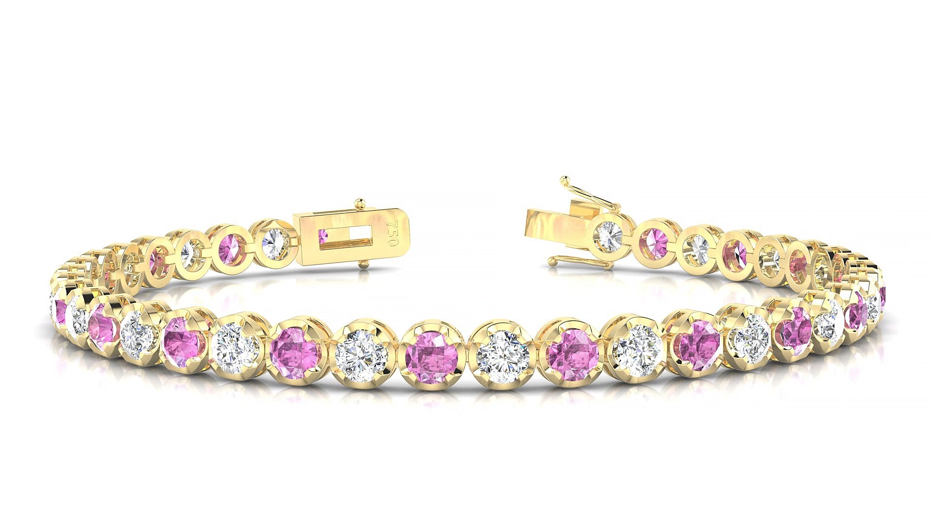 Bengal 1-1 | 18k Yellow Gold 3.4 mm Round Natural Pink Sapphire & Diamond 18 cm Tennis Bracelet